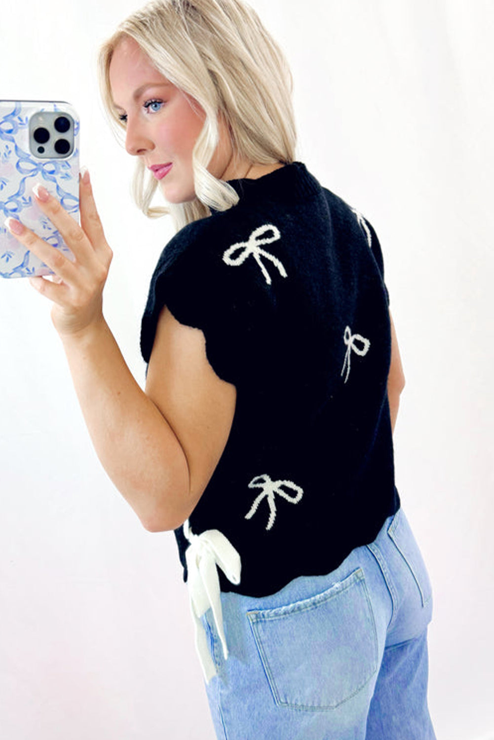 Black Bow Print Side Ties Scalloped Hem Sweater eAura