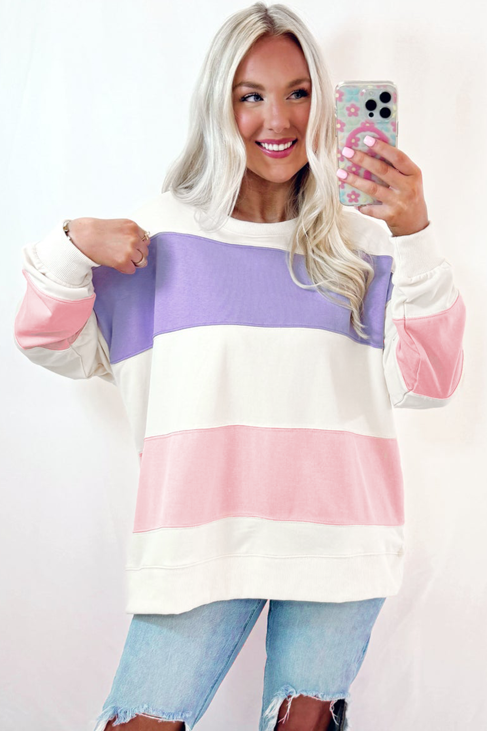 Beige Colourblock Patchwork Drop Shoulder Crewneck Sweatshirt eAura