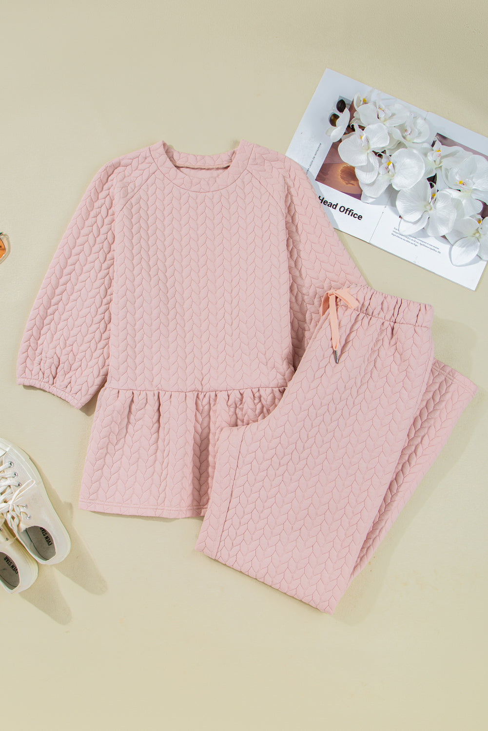 Braided Texture Ruffle Hem Top Drawstring Relaxed Trouser Co-ord Set - eAura