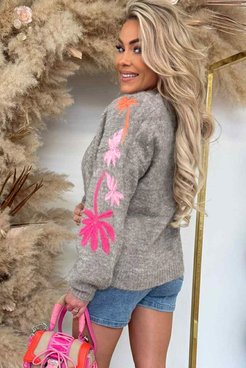 Embroidered Floral Sleeve Round Neck Loose Sweater eAura