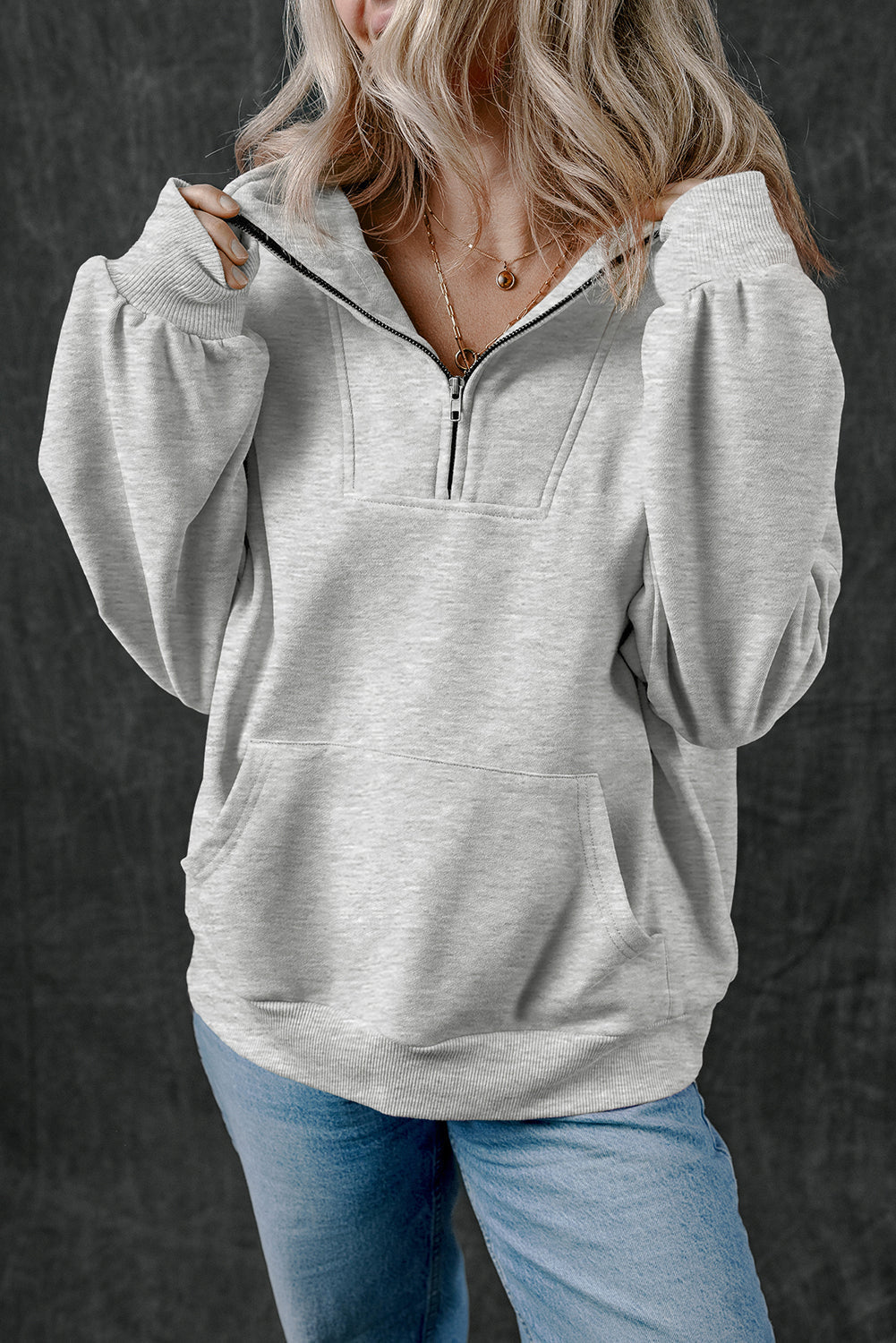 Light Grey Zip-up Stand Neck Kangaroo Pocket Sweatshirt eAura