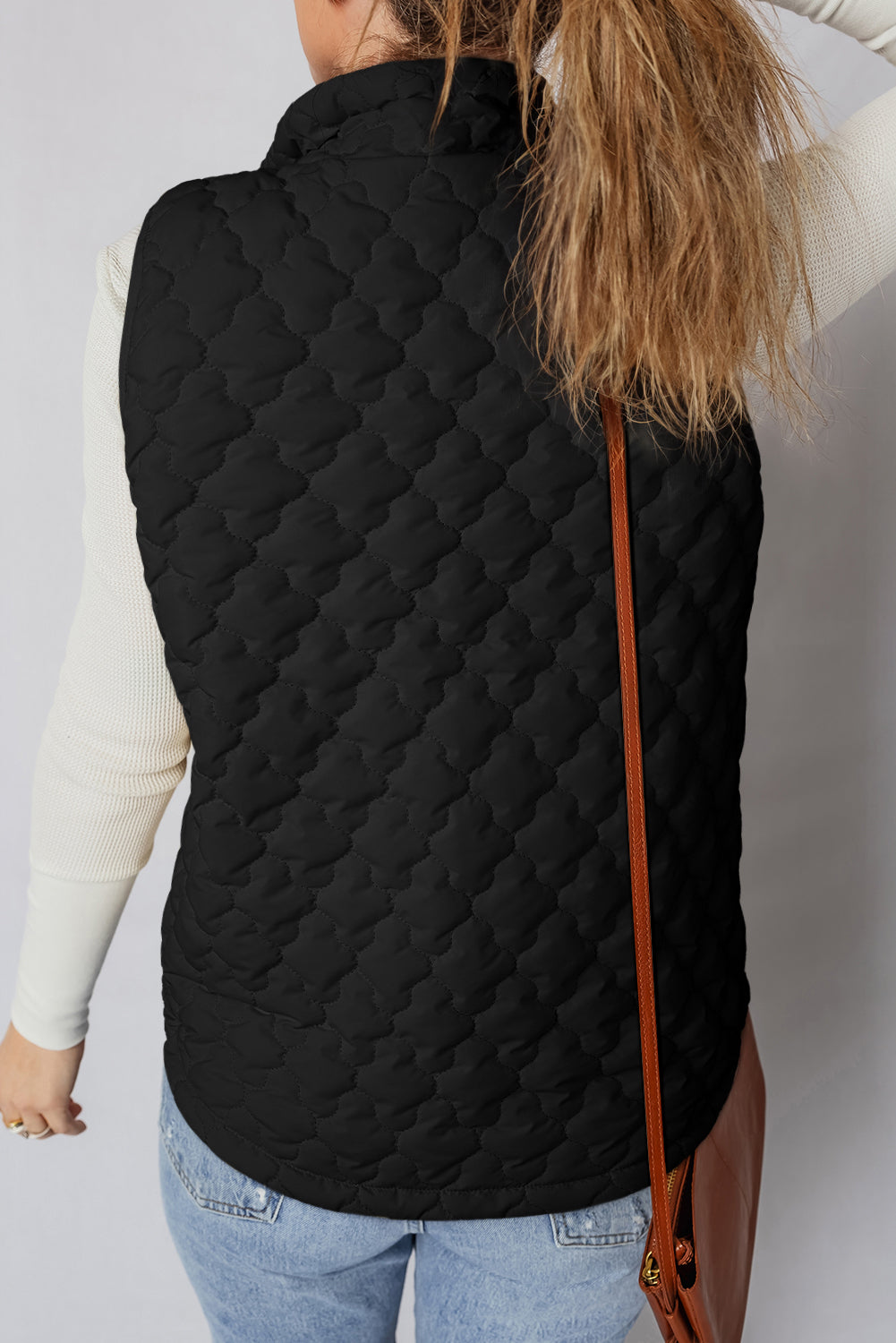 Black Flower Shape Quilted Snap Button Zip Up Winter Vest - eAura