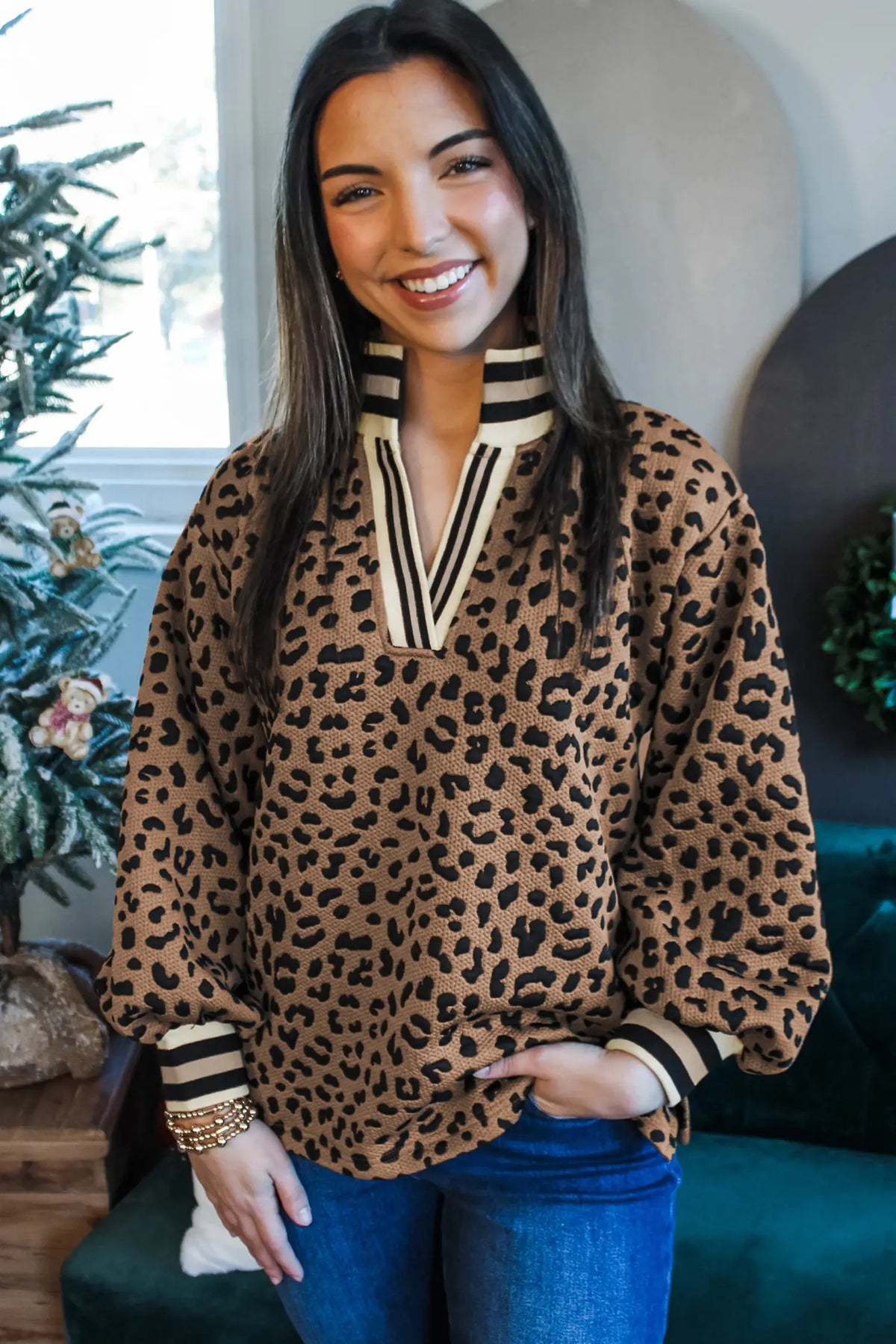 Leopard Print Striped Trim Collar Long Sleeve Shift Pullover – Brown