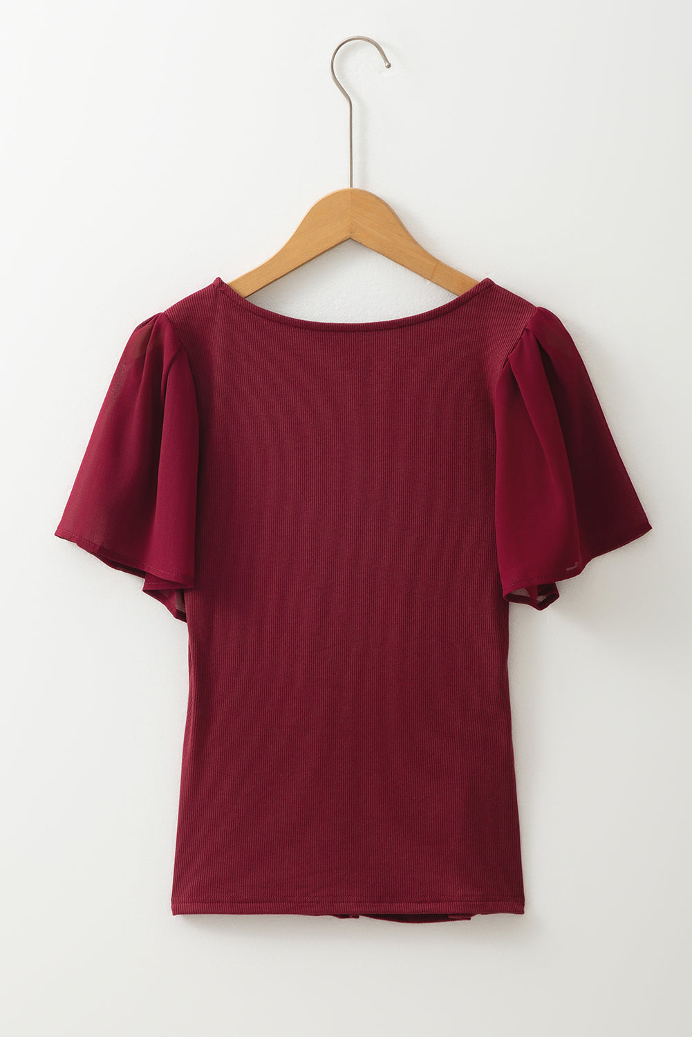 Red Dahlia Mesh Ruffled Sleeve Slim Fit V Neck Top eAura