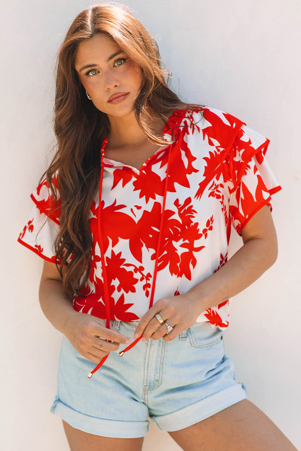 Red Plant Print Tiered Ruffled Sleeve V Neck Blouse eAura