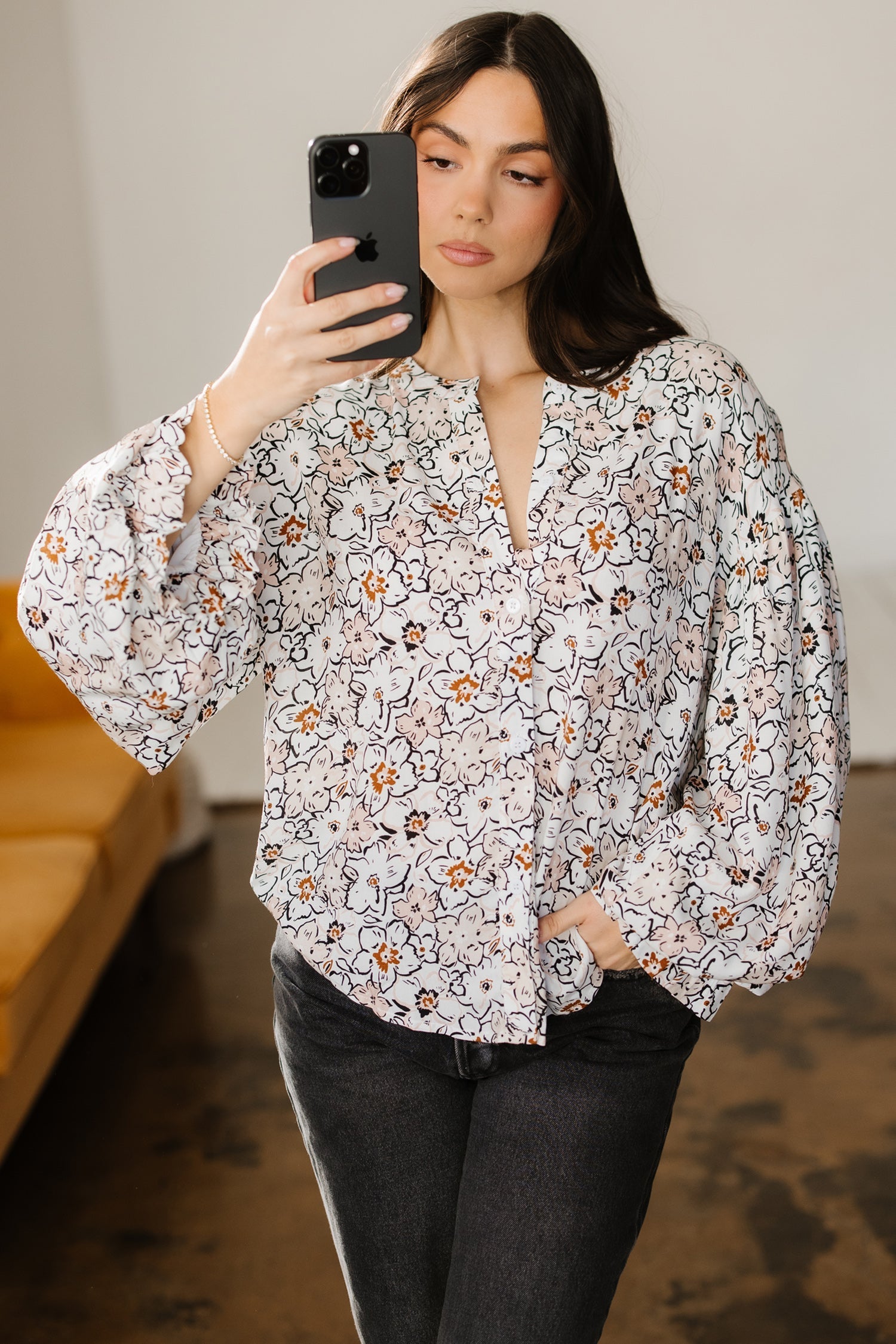 Bold Floral Print Frilled Puff Sleeve Button Down Shirt - Tops/Blouses & Shirts