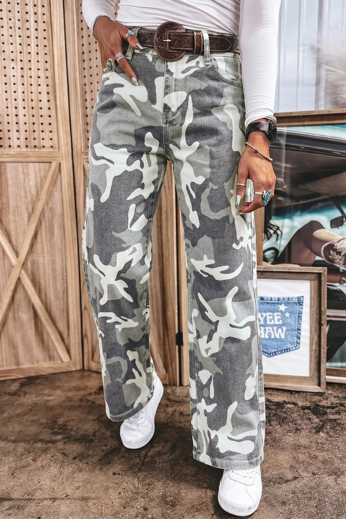 Camo Pattern Cotton Denim Shift Jeans – Green
