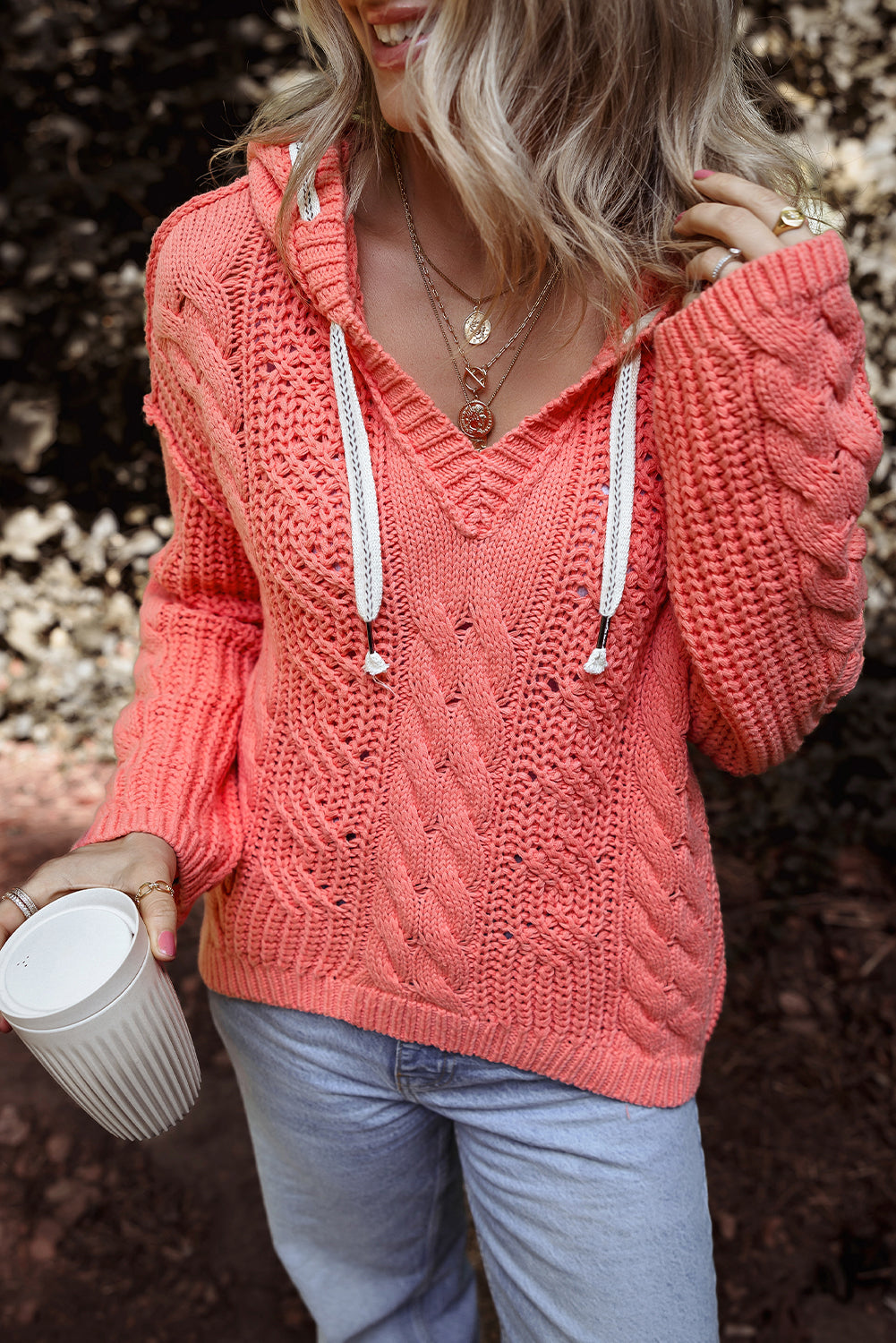 Sea Green Cable Knit V Neck Contrast Drawstring Hooded Sweater eAura