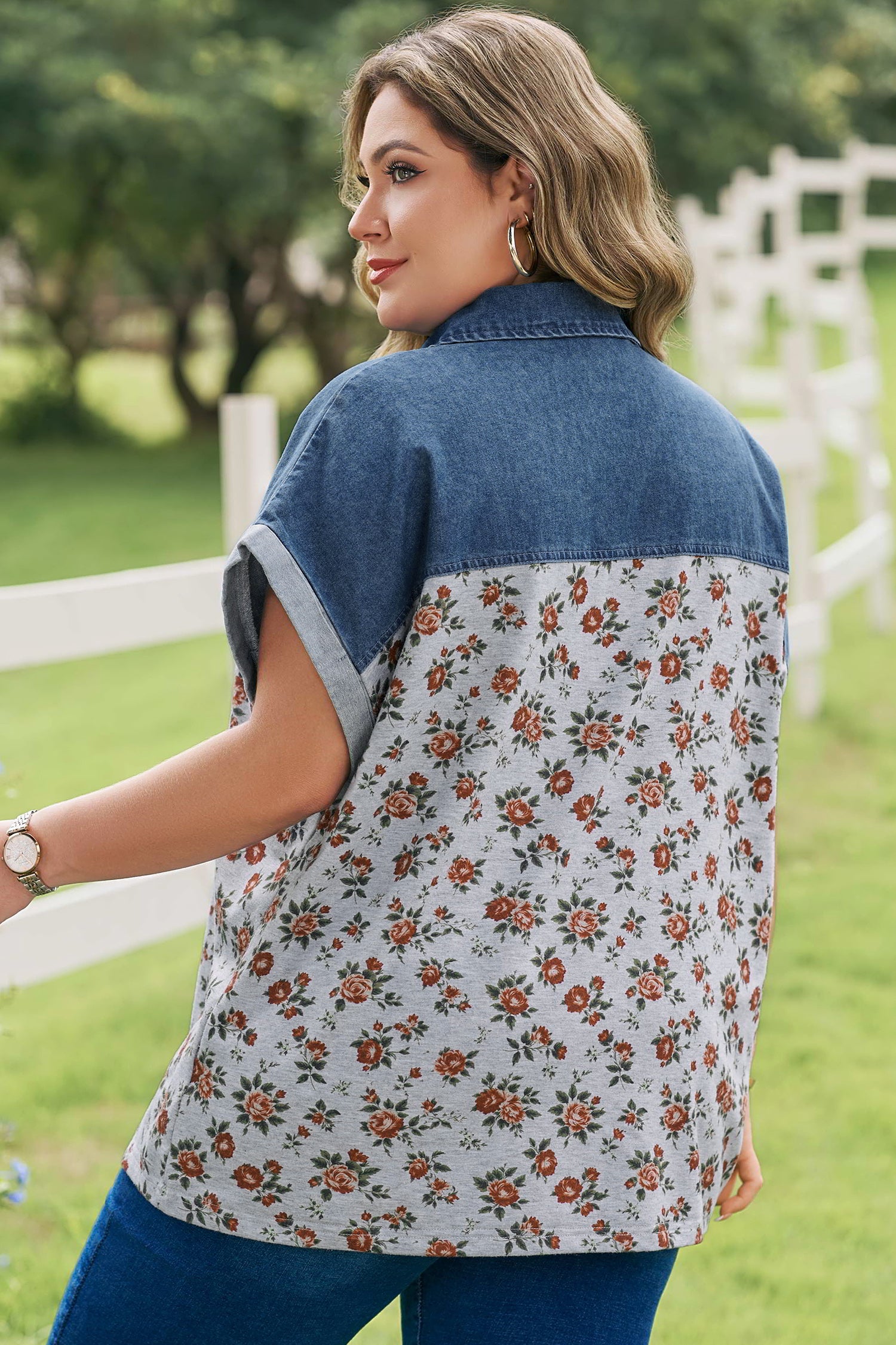 Retro Floral Print Denim Patchwork Plus Size Polo Tee