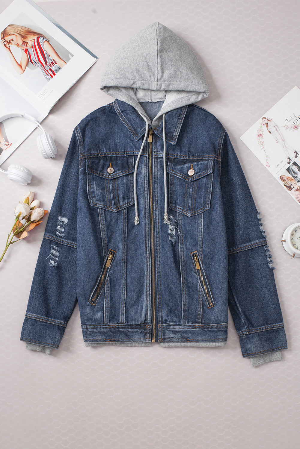 Dark Blue Fake Two-Piece Hooded Zip-Up Denim Jacket Beagle Boutique Fashion Outlet
