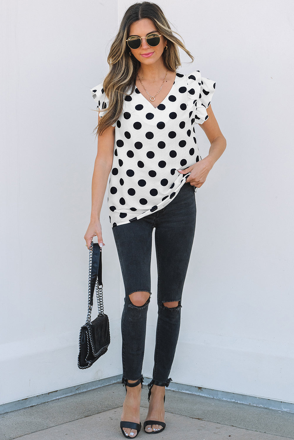 White Polka Dot Print Ruffled Sleeve V Neck Blouse eAura