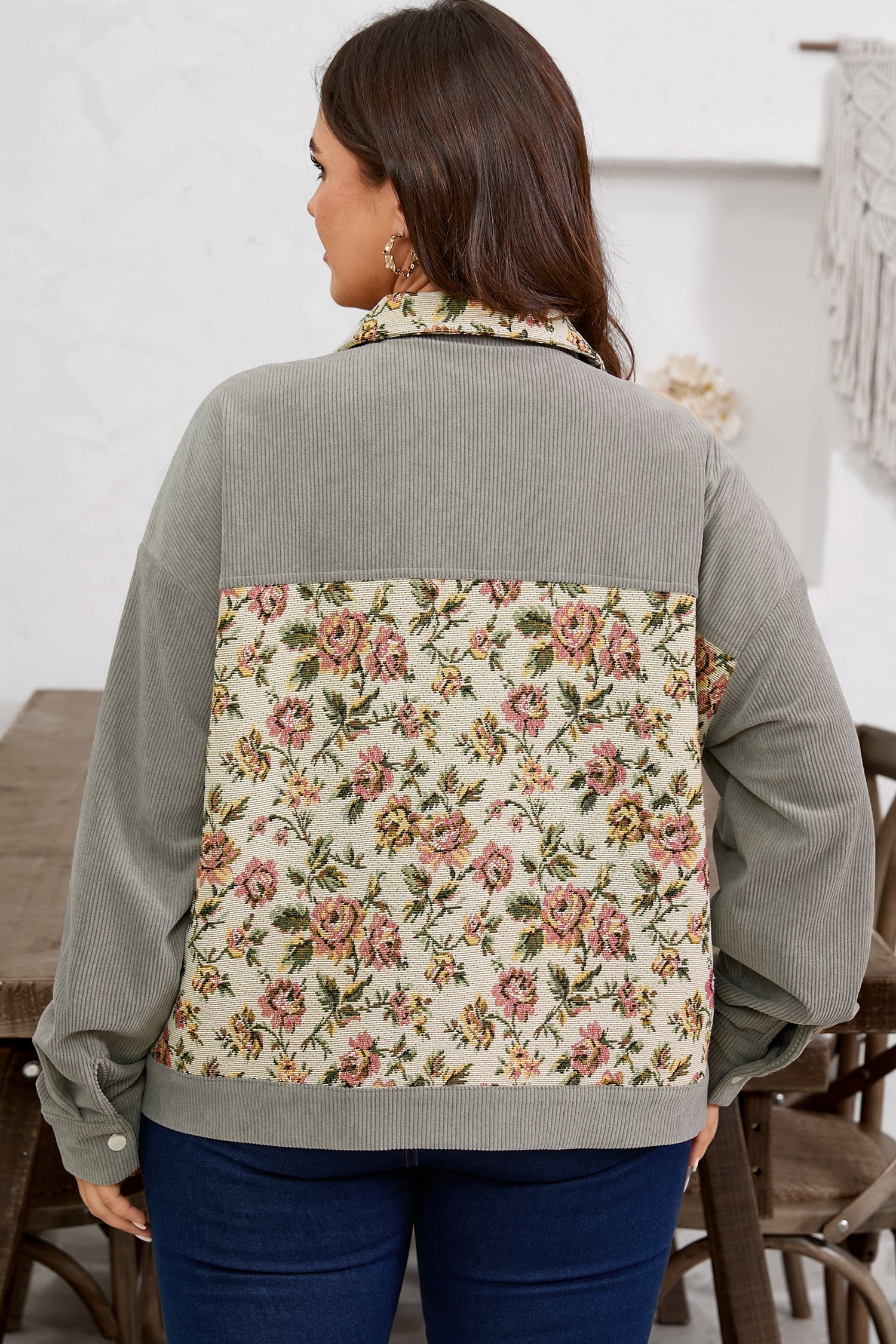 Soft Corduroy Floral Patchwork Jacket - eAura