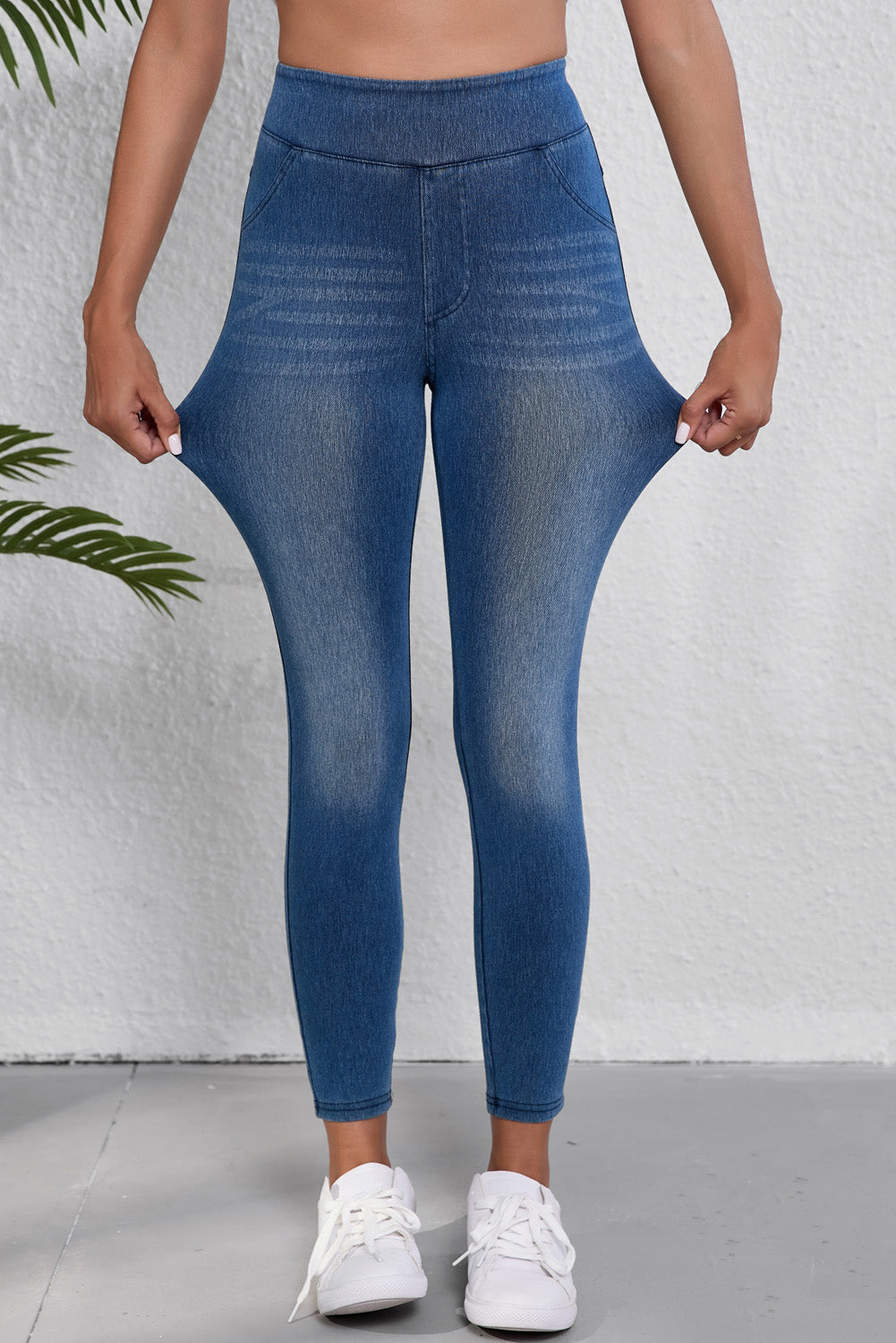 Navy Blue Skinny Elastic Waist Ankle Length Mid Waist Jeggings with Pockets eAura