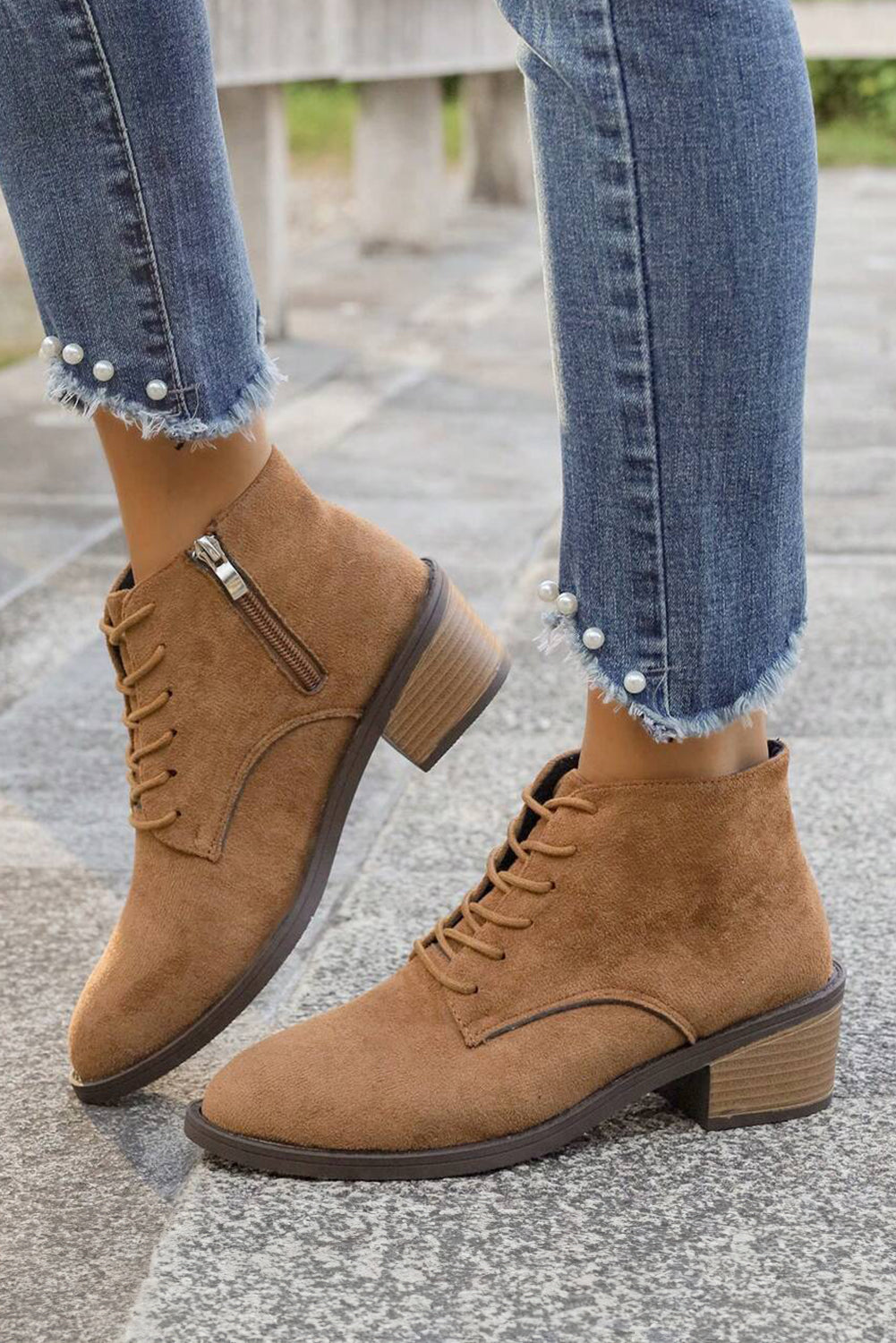 Chestnut Suede Zip Side Lace Up Ankle Boots - eAura