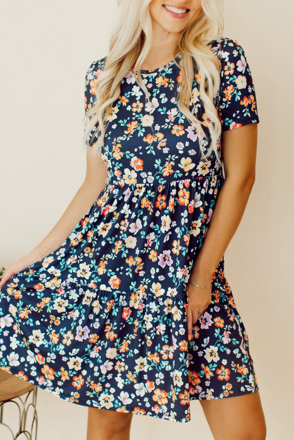 Blue Short Sleeve A-line Floral Dress eAura