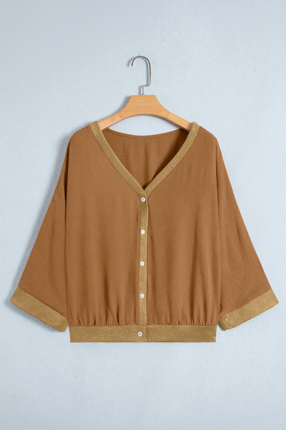 Brown V Neck Glitter Trim Patchwork Button-Front Blouse – Honey Gold