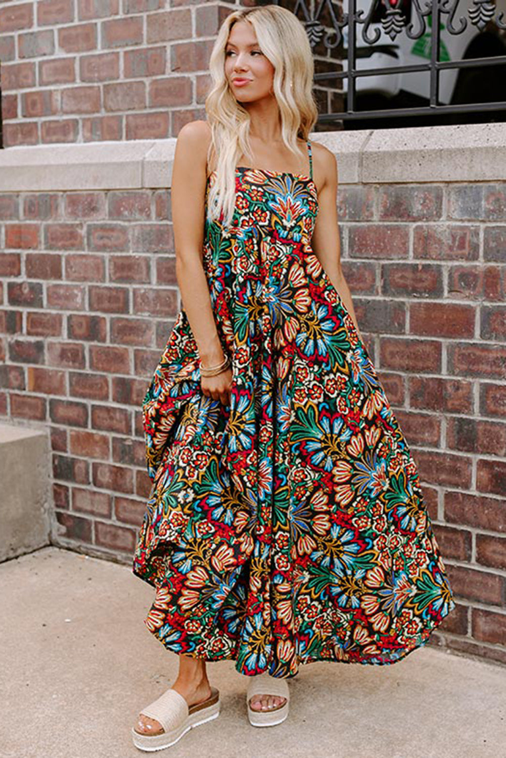 Black Boho Floral Print Thin Straps Sleeveless High Waist Maxi Dress eAura