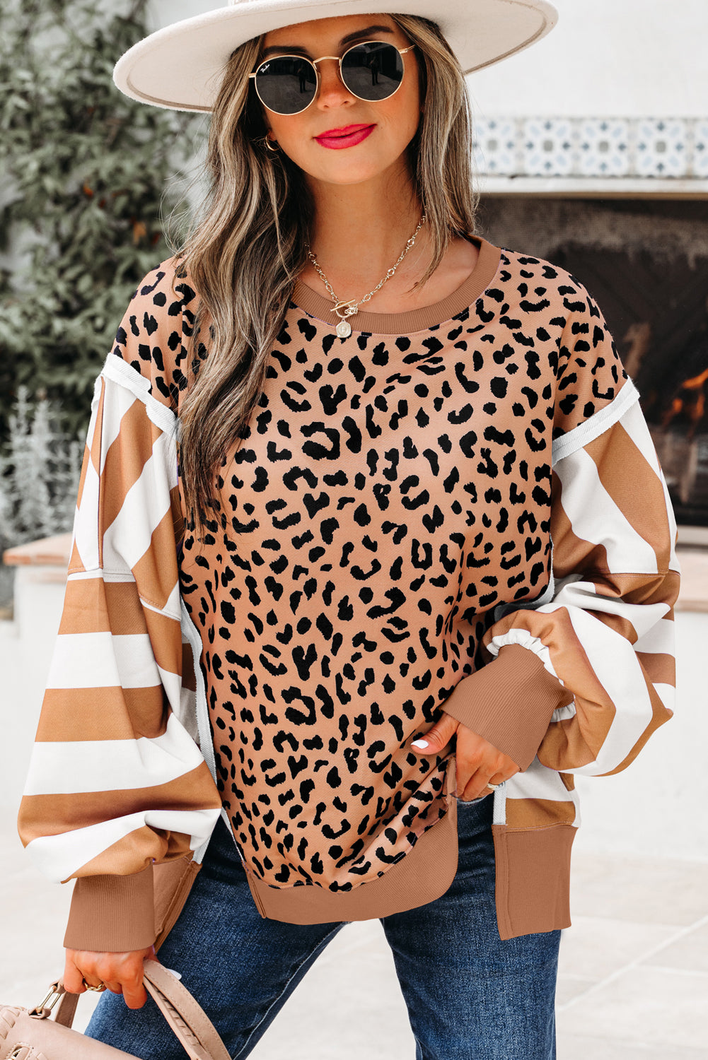 Stripe Colour Block Leopard Casual Sweatshirt with Slits - Khaki / S - Tops/Sweatshirts & Hoodies