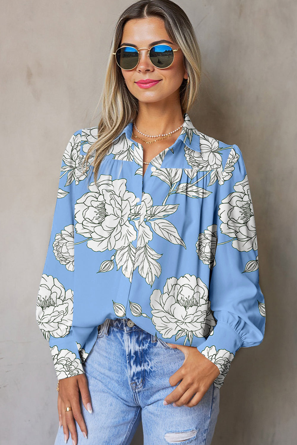 Floral Print Button Up Pleated Detail Puff Sleeve Shirt - eAura