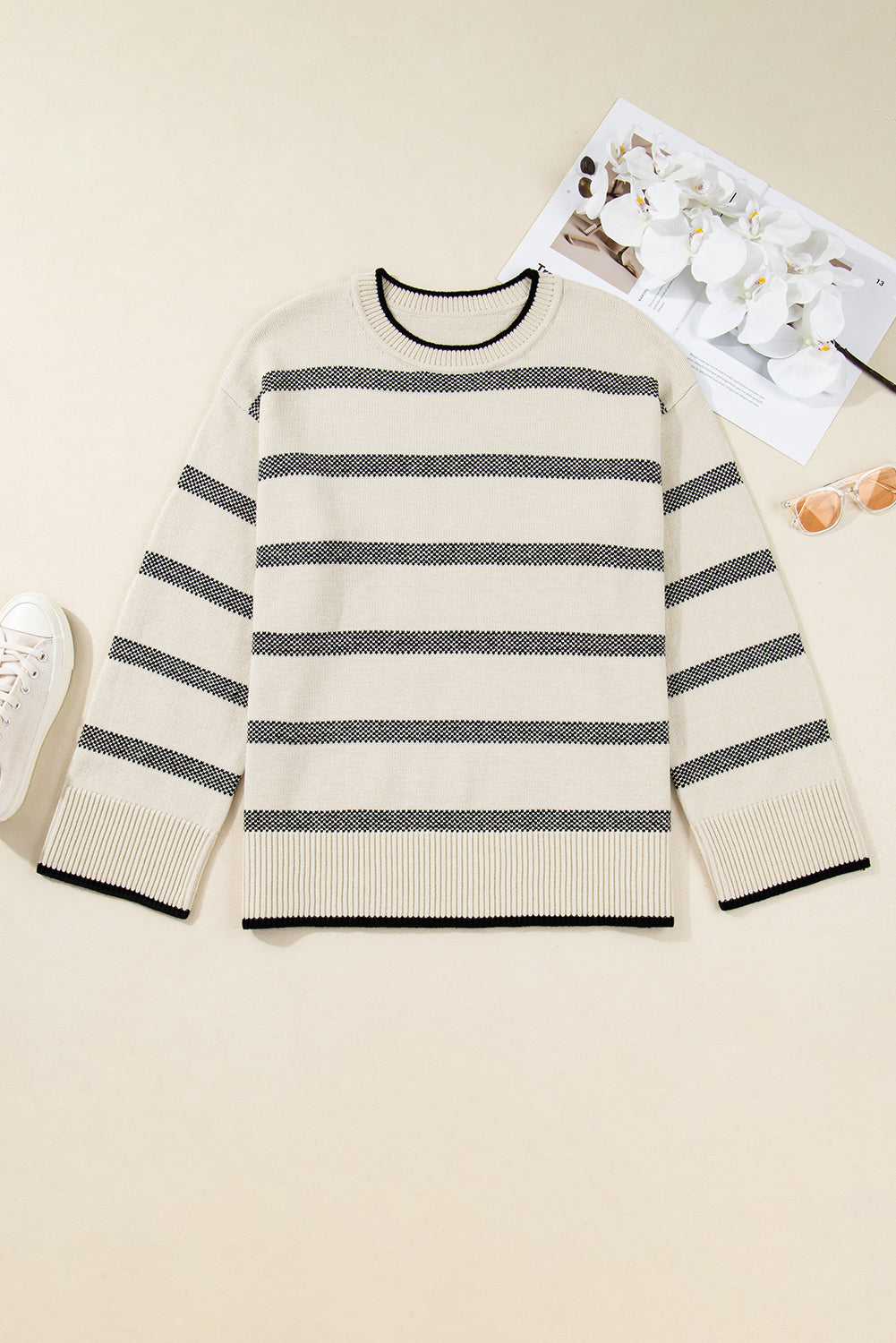 Stripe Wide Sleeve Drop Shoulder Plus Sweater - eAura
