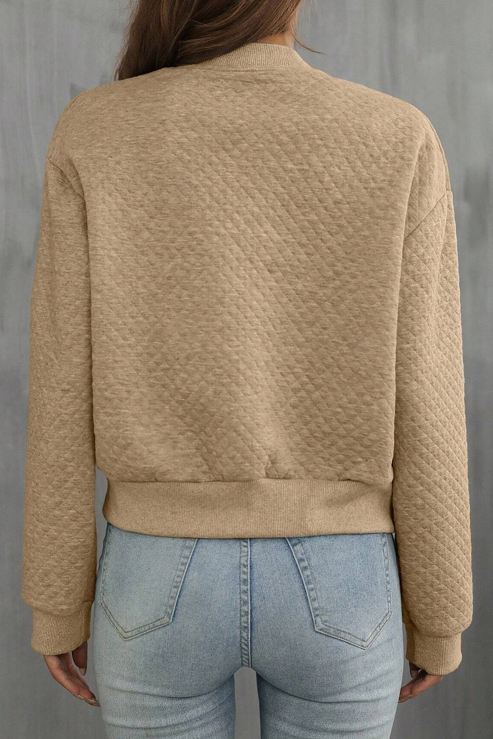 Pale Khaki Solid Geometric Textured Baseball Collar Jacket BB Fashion Outlet