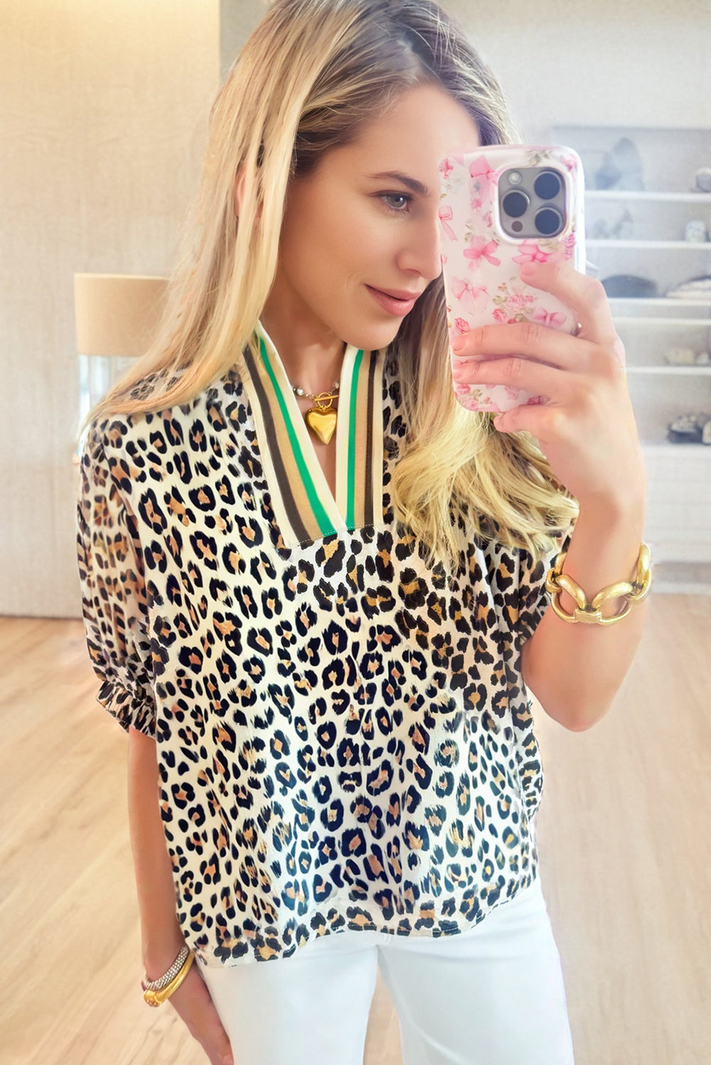 Leopard Contrast Striped V-Neck Loose Fit Blouse - eAura