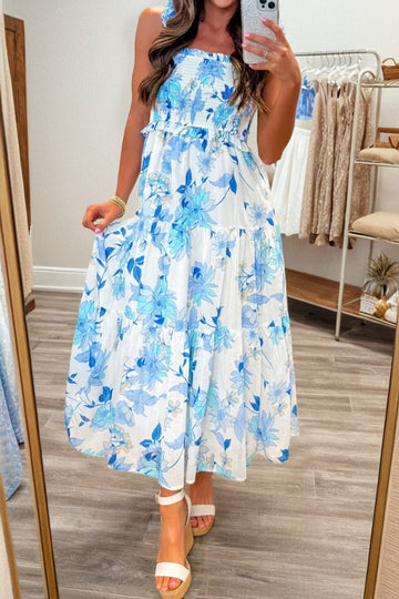 Ruffled Straps Smocked Tiered Floral Long Dress