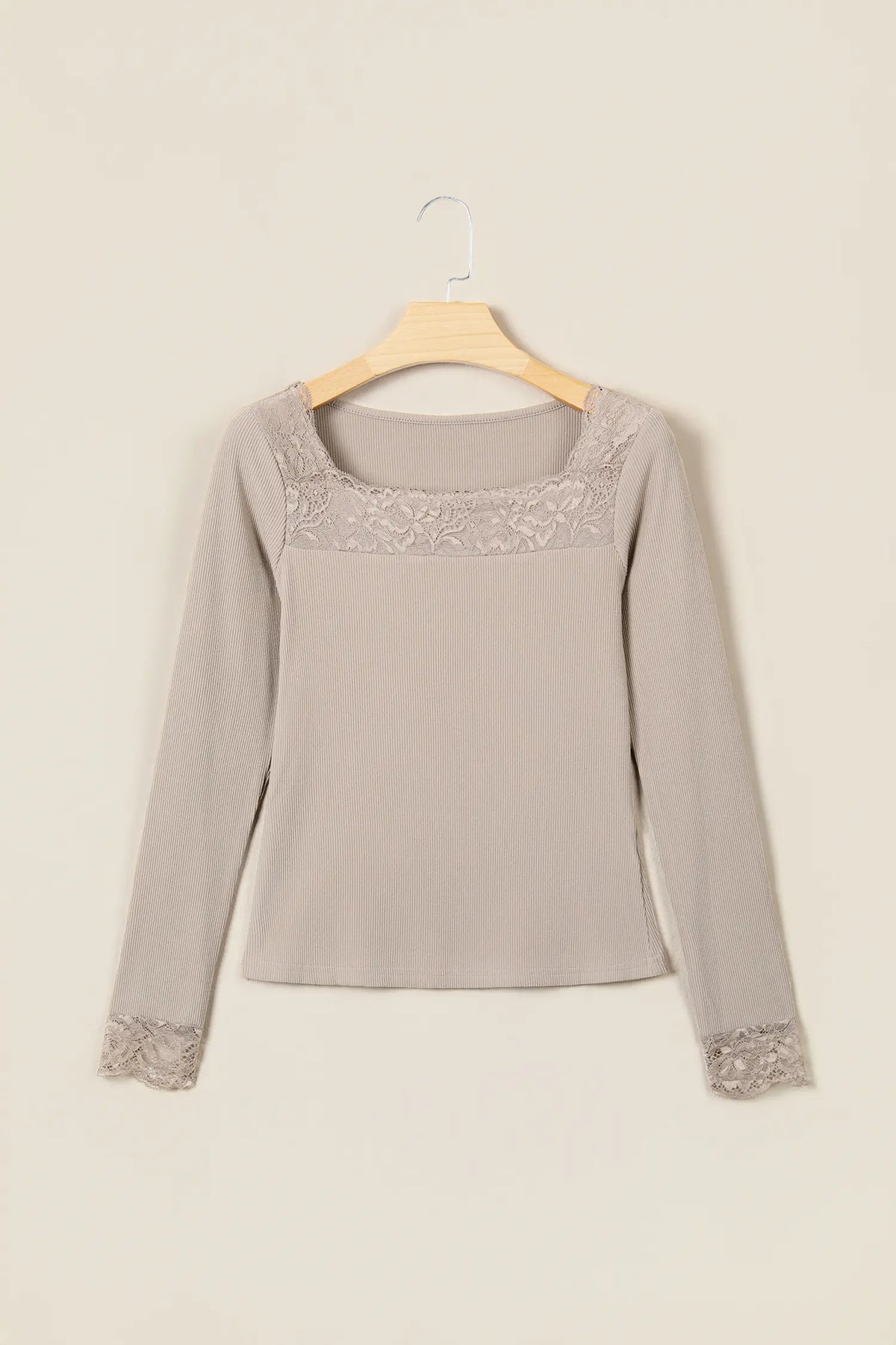 Solid Colour Ribbed Lace Neck Long Sleeve Top – Dune