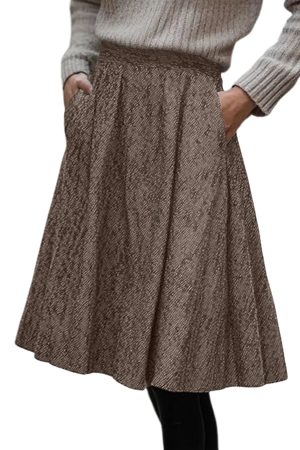 Solid Colour Textured Pleated Midi Skirt – Brown