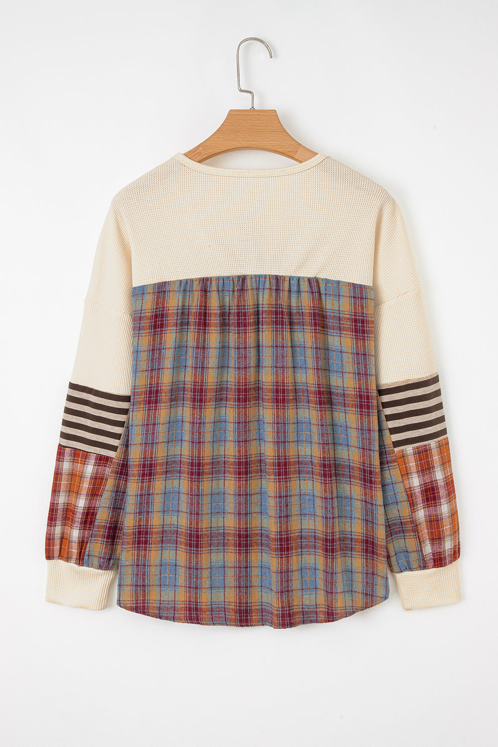 Waffle Striped Plaid Patchwork Henley Knit Top - eAura