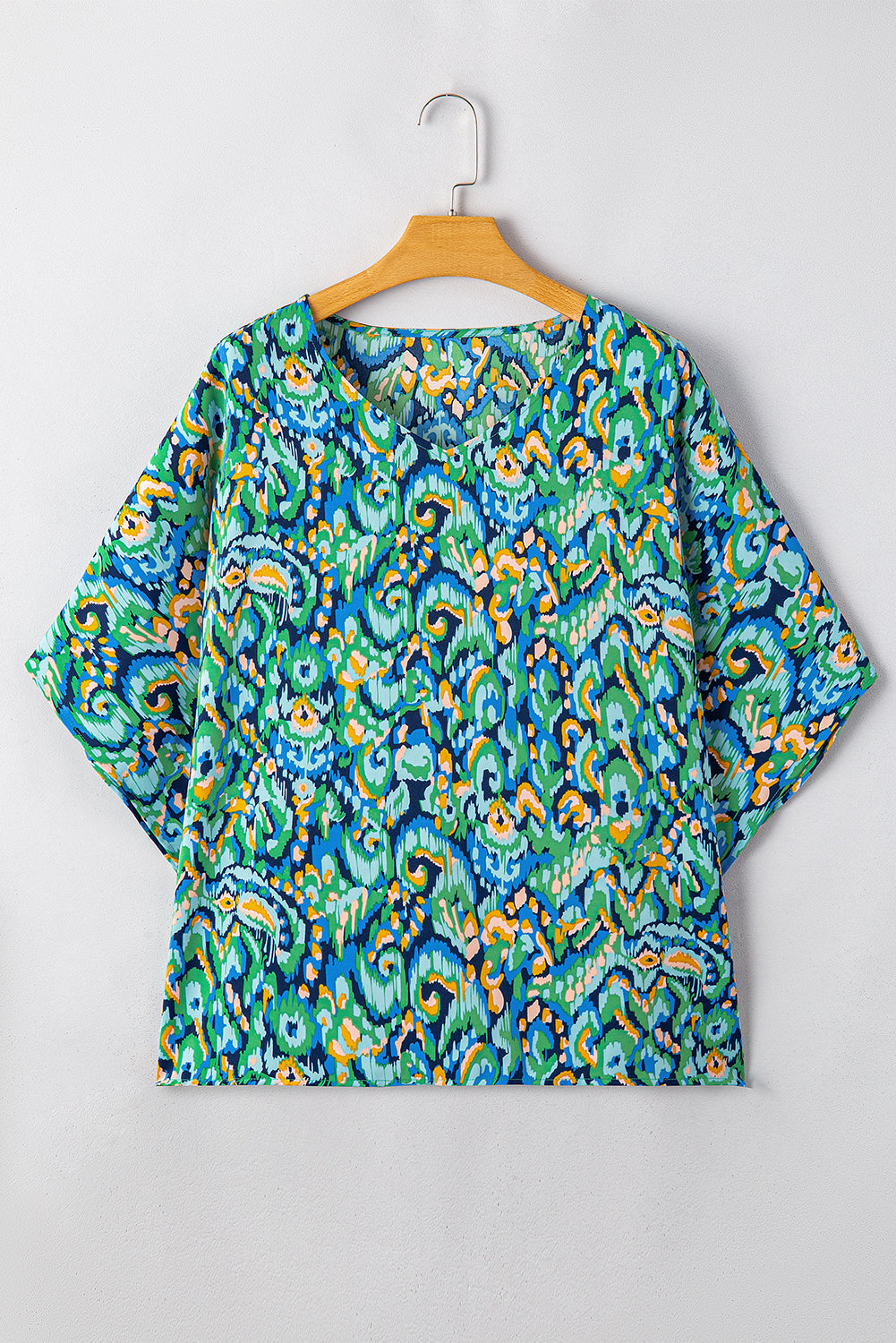 Green Abstract Print V Neck Half Sleeve Loose Fit Tunic Blouse eAura