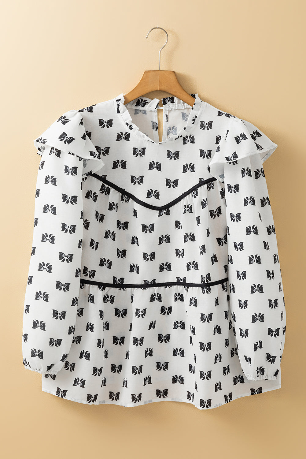 White Bow Knot Print Piping Trim Ruffled Crew Neck Blouse BB Fashion Outlet
