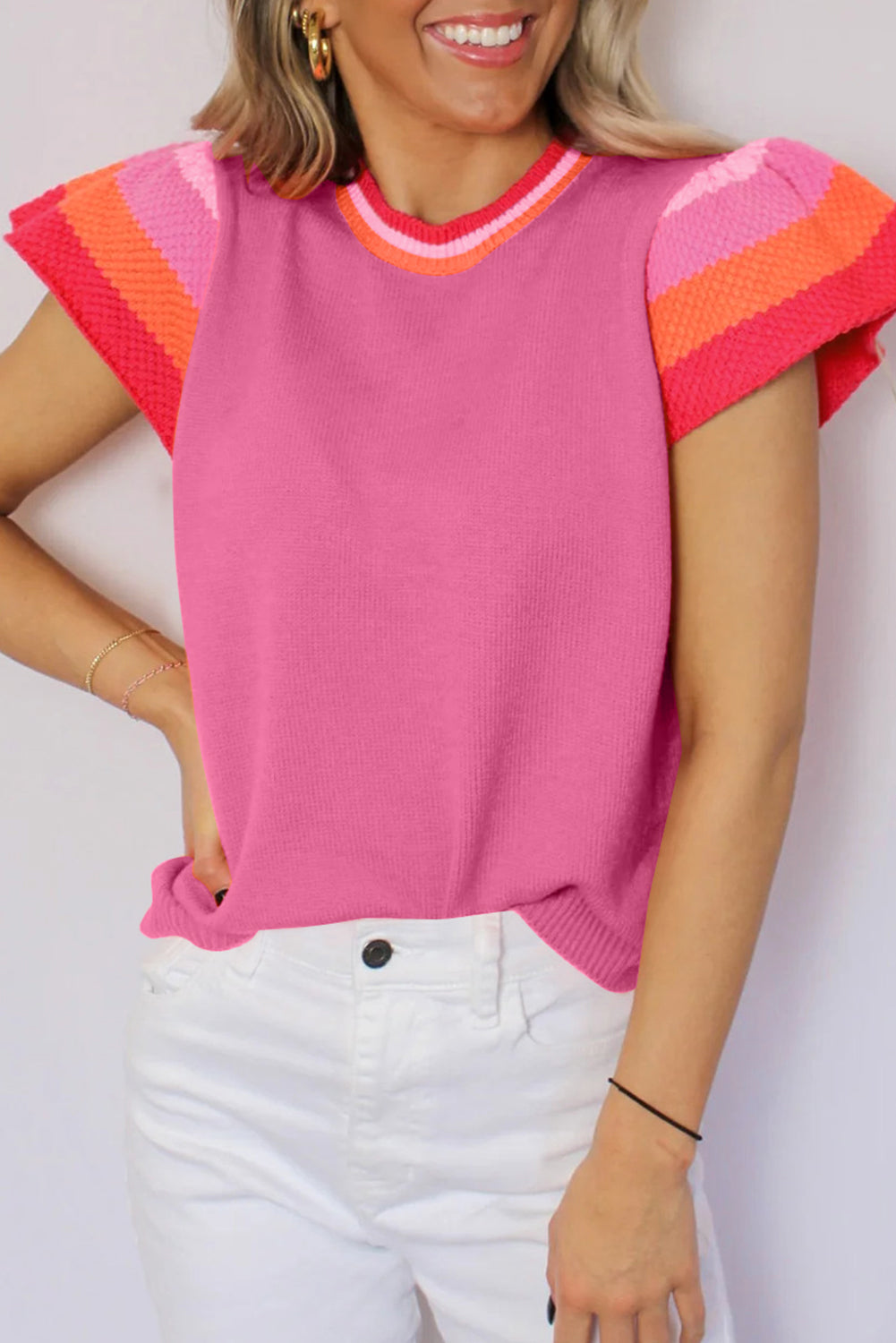 Turquoise Contrast Flutter Sleeves Knitted Sweater T Shirt eAura