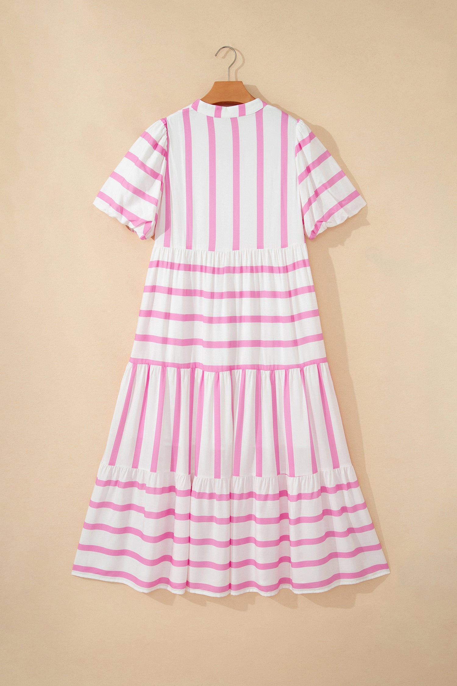 Stripe Ricrac Trim Puff Sleeve Midi Vacation Dress – Pink