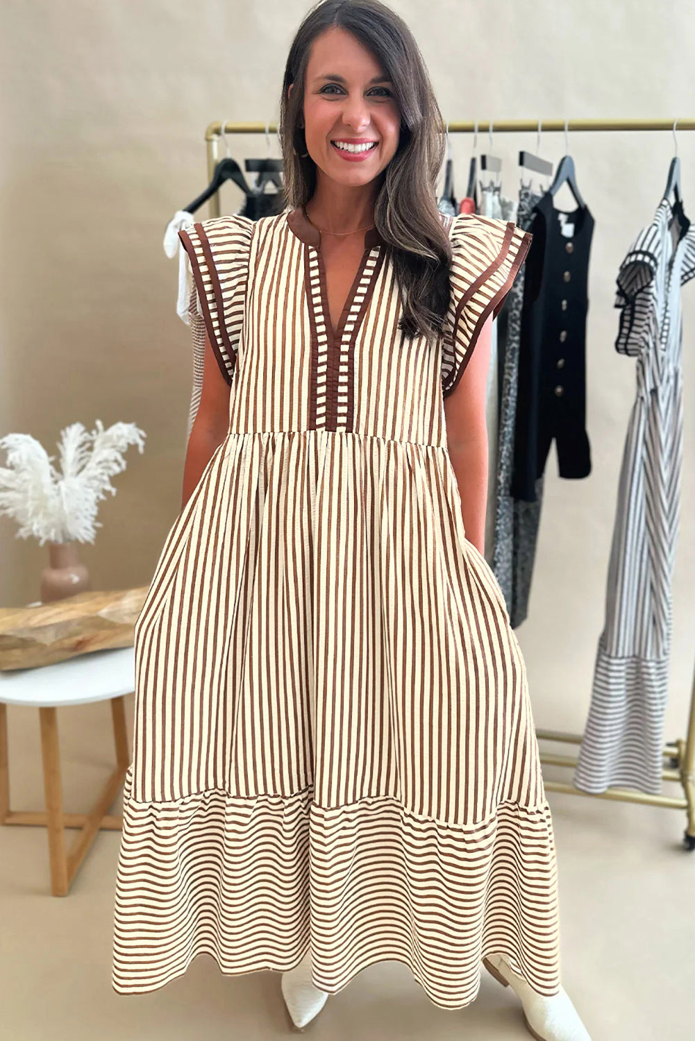 Striped Double Ruffled Short Sleeve Contrast Trim V-Neck Midi Dress