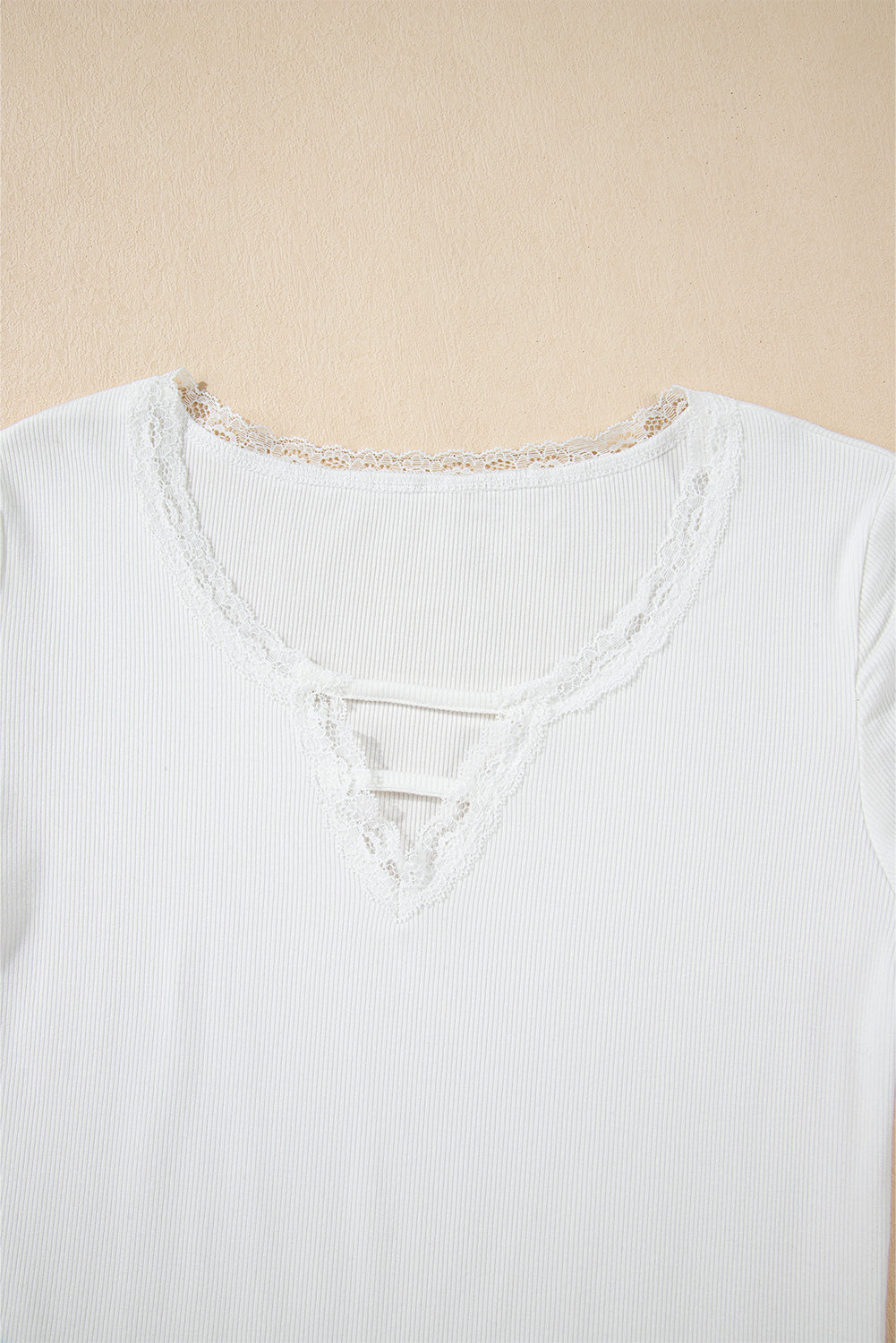 White Lace V Neckline Ribbed Slim Fit T Shirt eAura