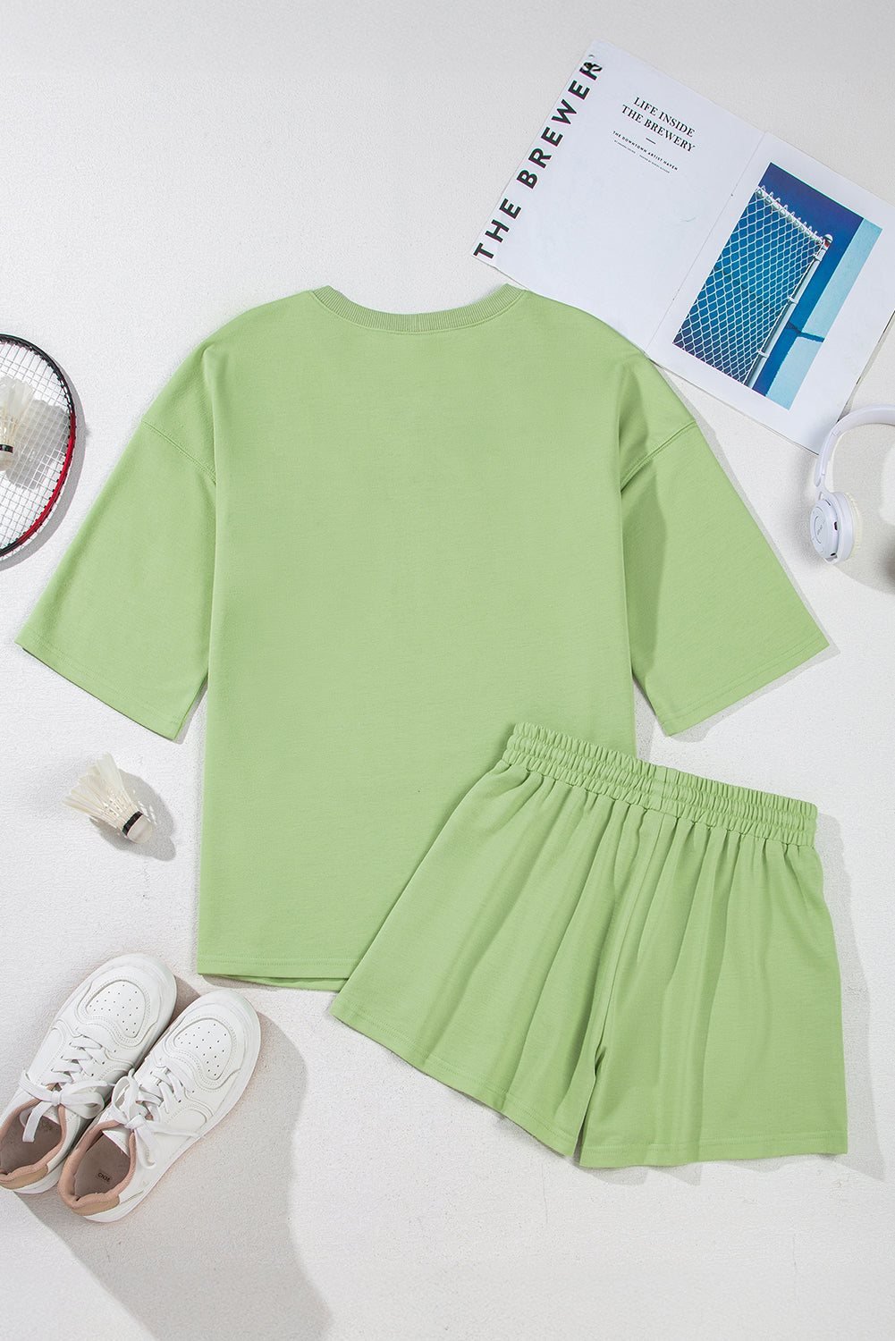Meadow Mist Green Solid Loose V Neck Half Sleeve Tee and Shorts eAura