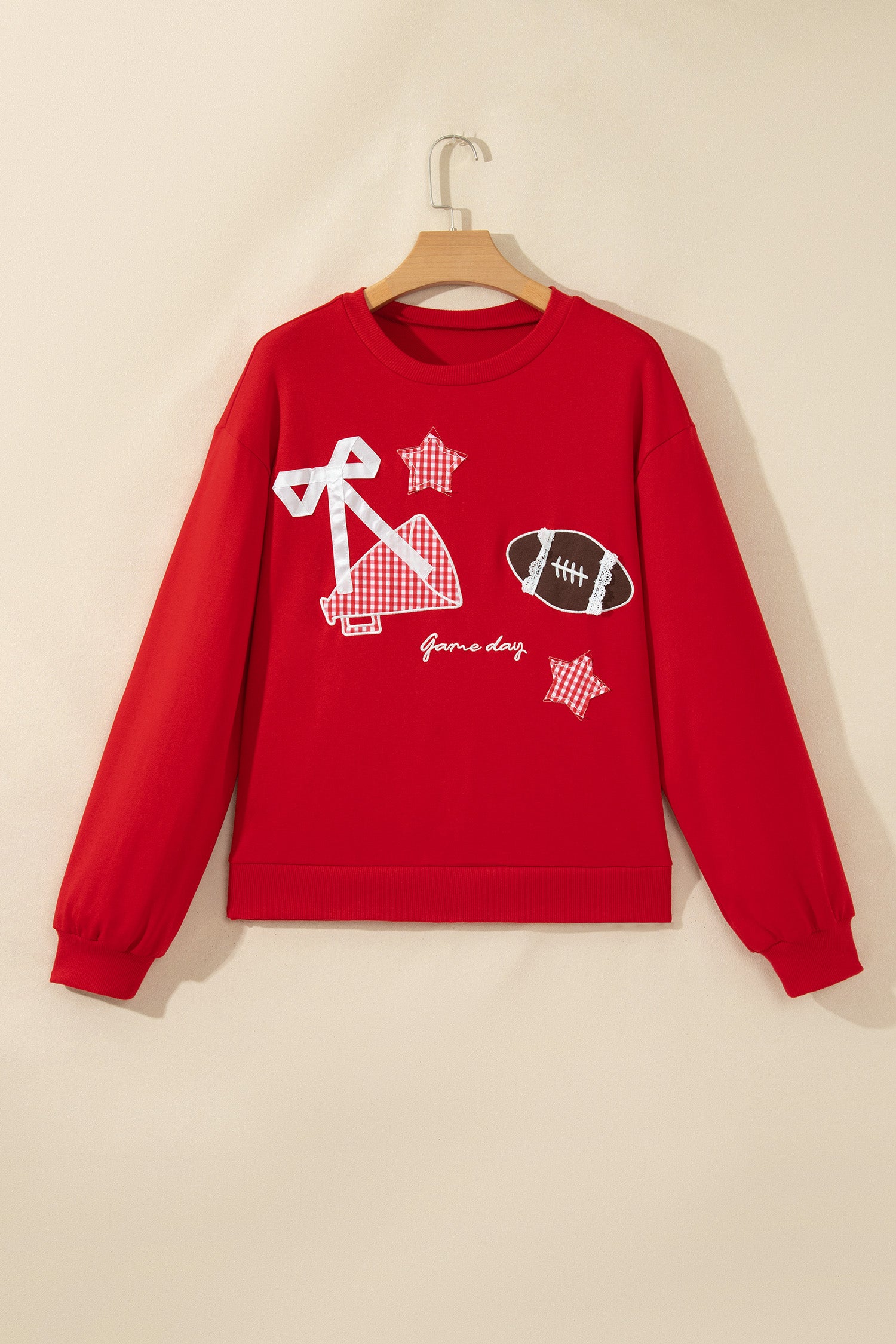 Gingham Patch Embroidered Rugby Game Day Stars Sweatshirt – Racing Red