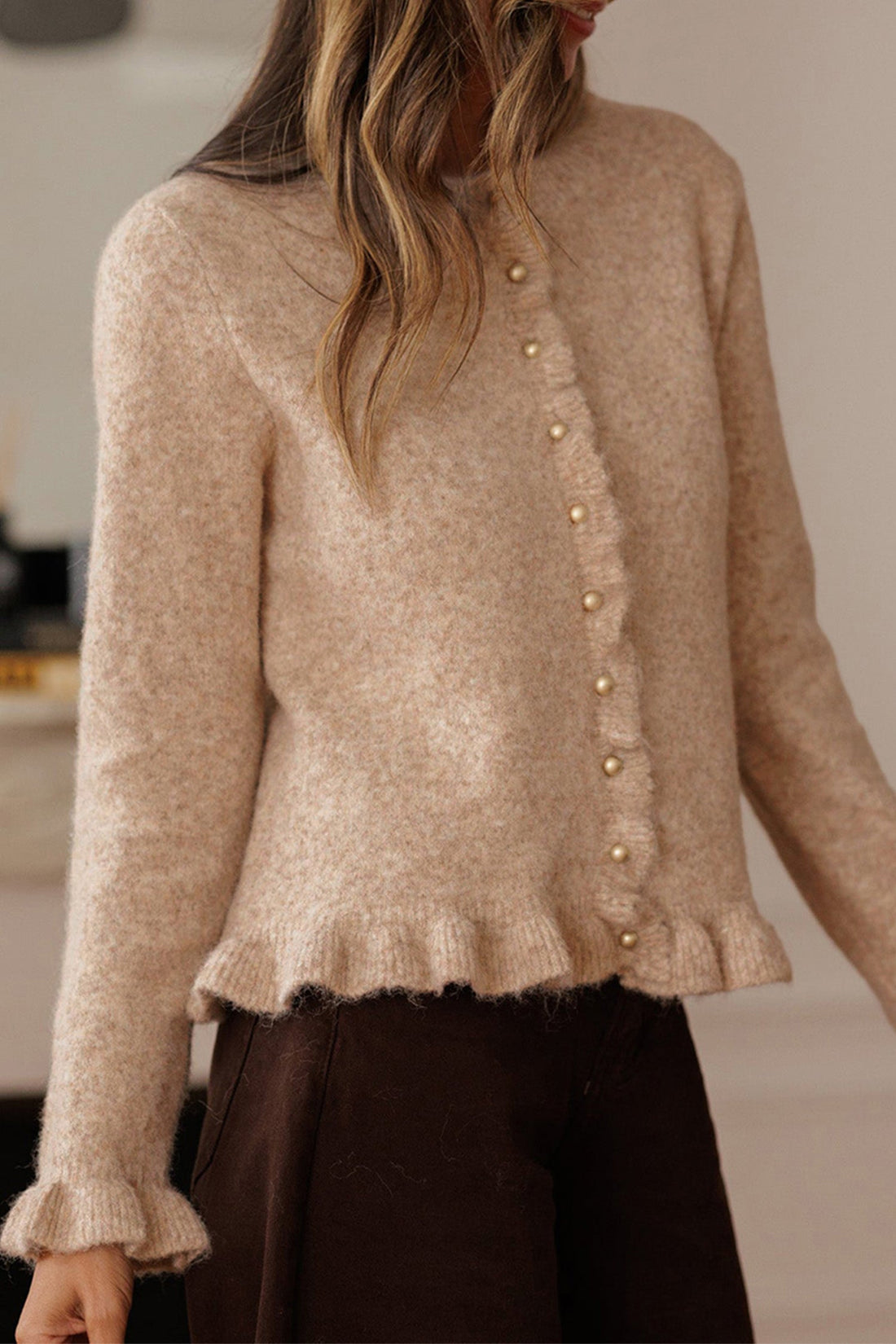 Ruffle Trim Gold Button Cardigan - eAura