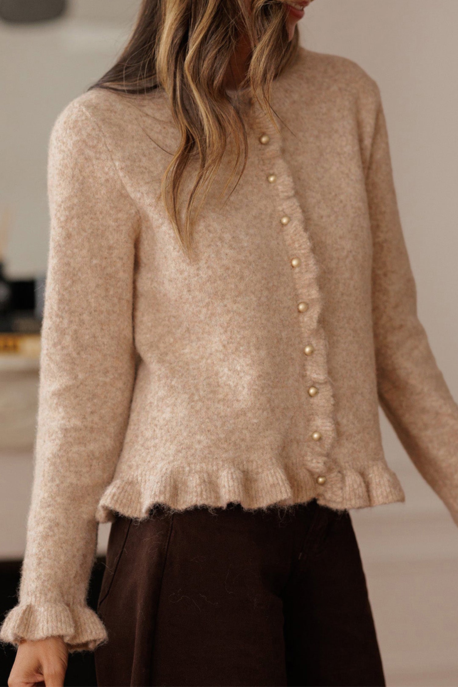 Ruffle Trim Gold Button Sweater Cardigan