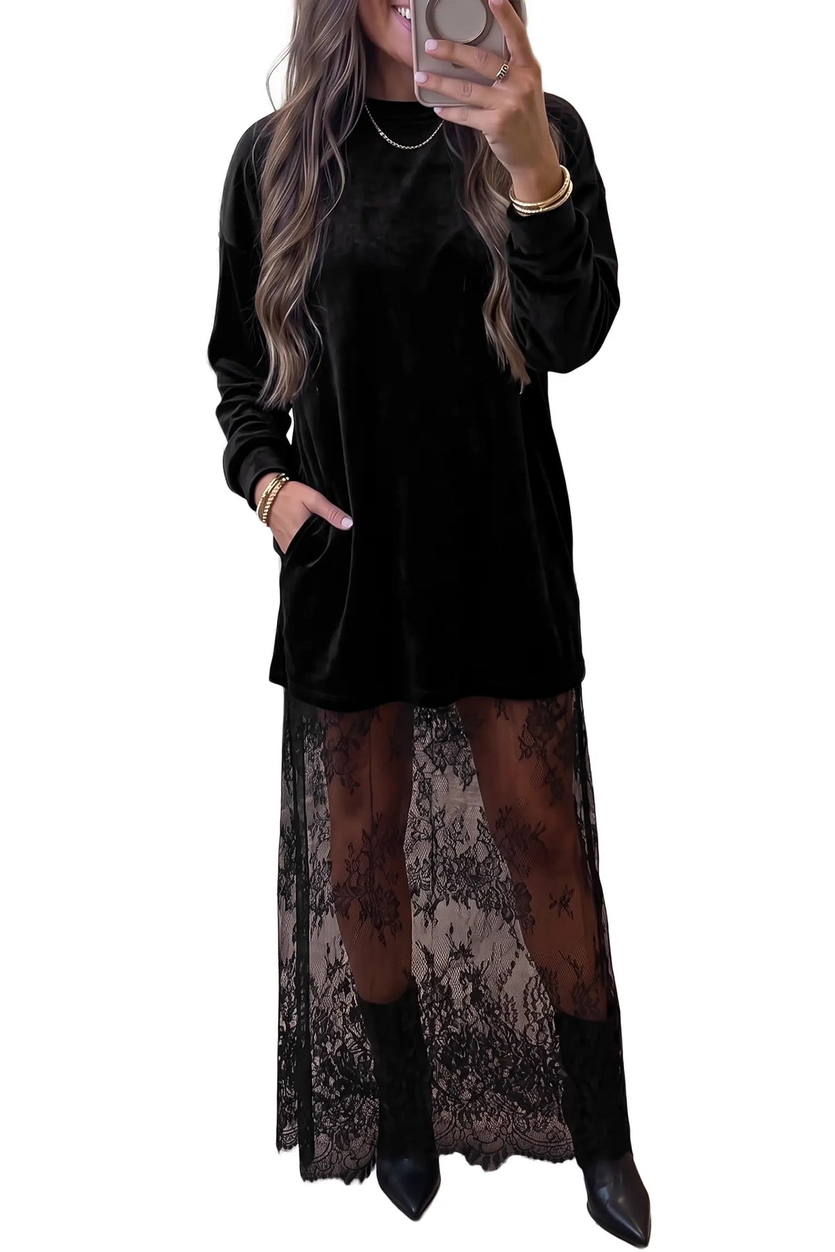 Velvet Long Sleeve Lace Splicing Hem Shift Maxi Dress