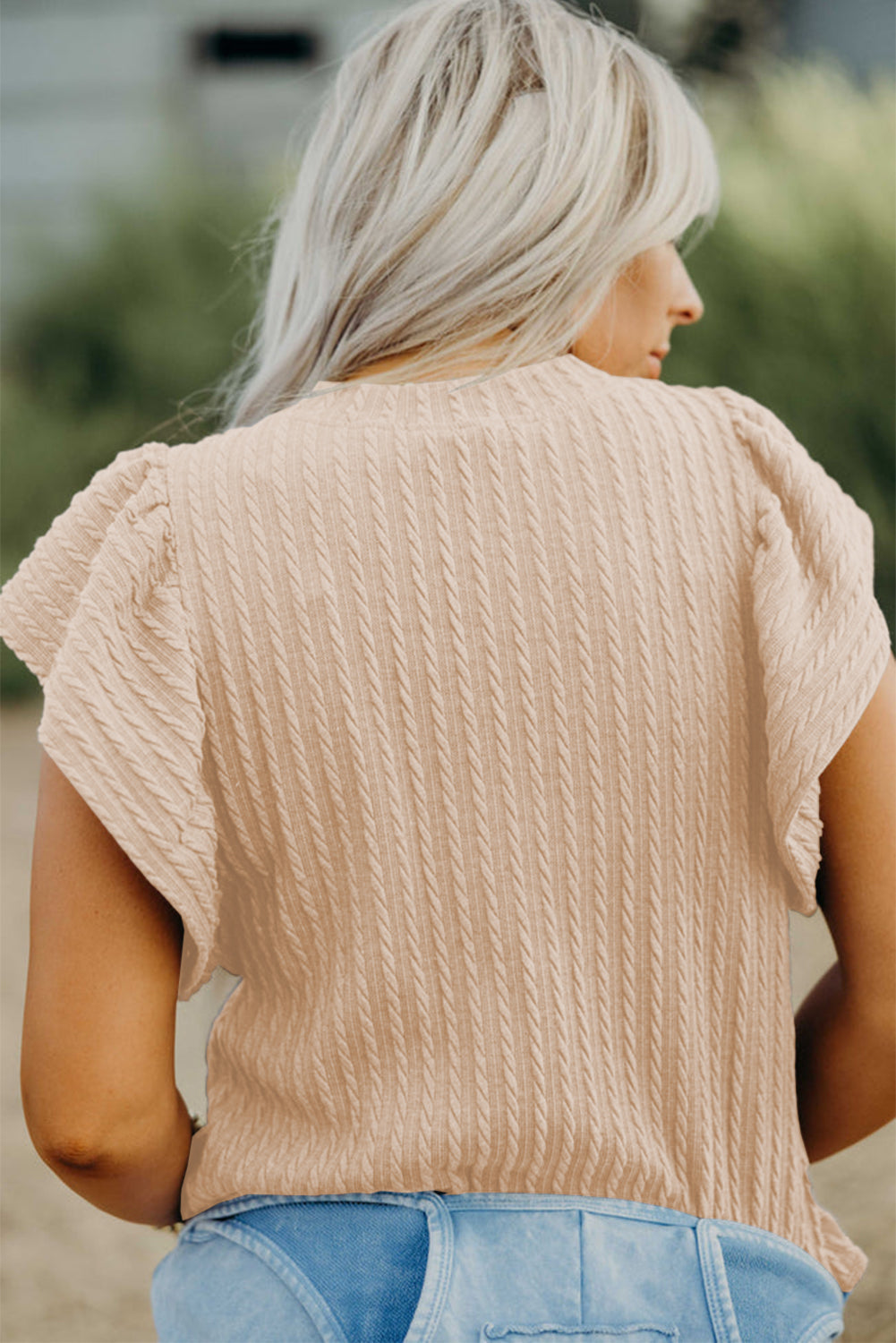 Beige Solid Colour Textured Flutter Sleeve Top eAura
