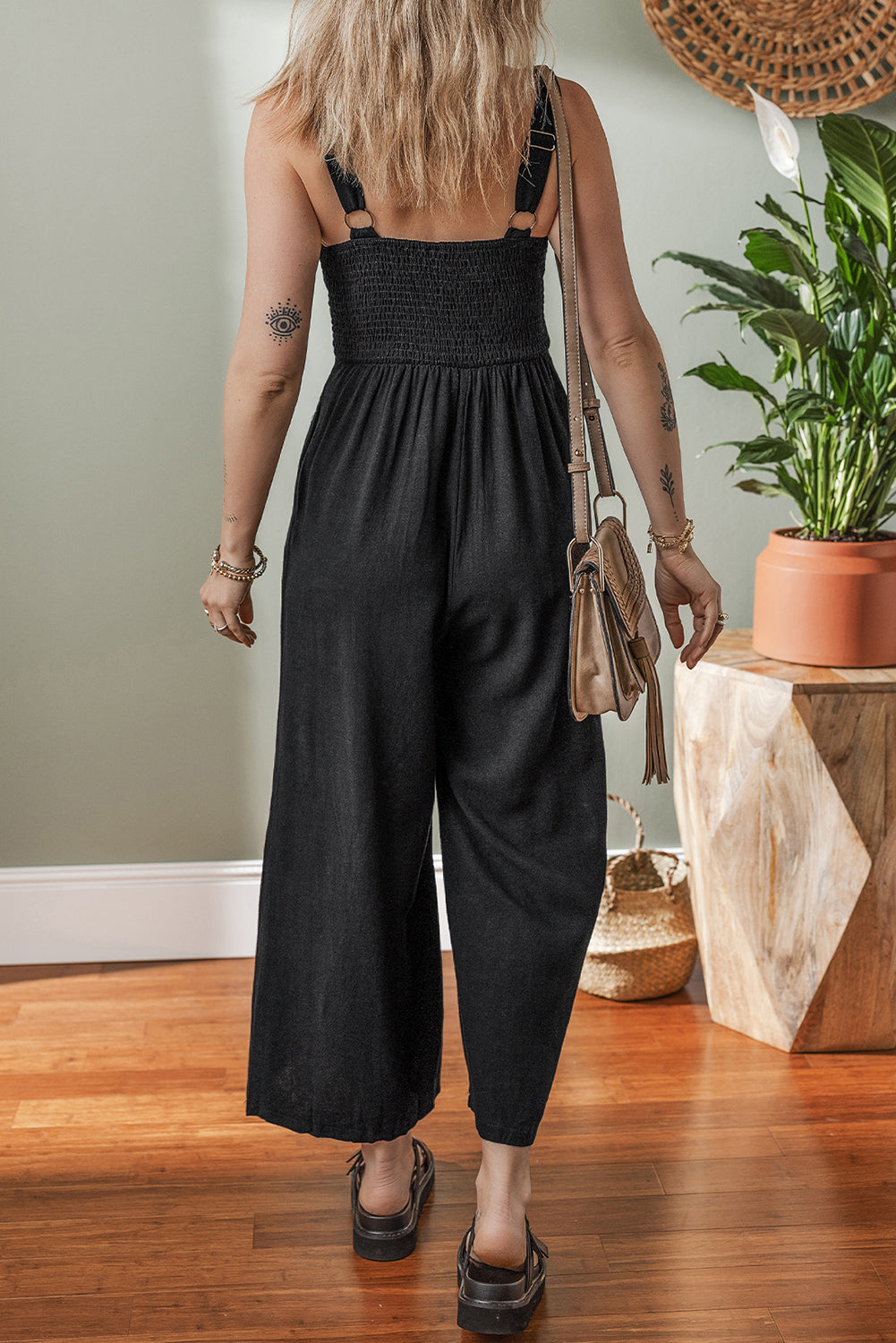 Black Front Cut Out Smocked Back Sleeveless Wide Leg Jumpsuit eAura