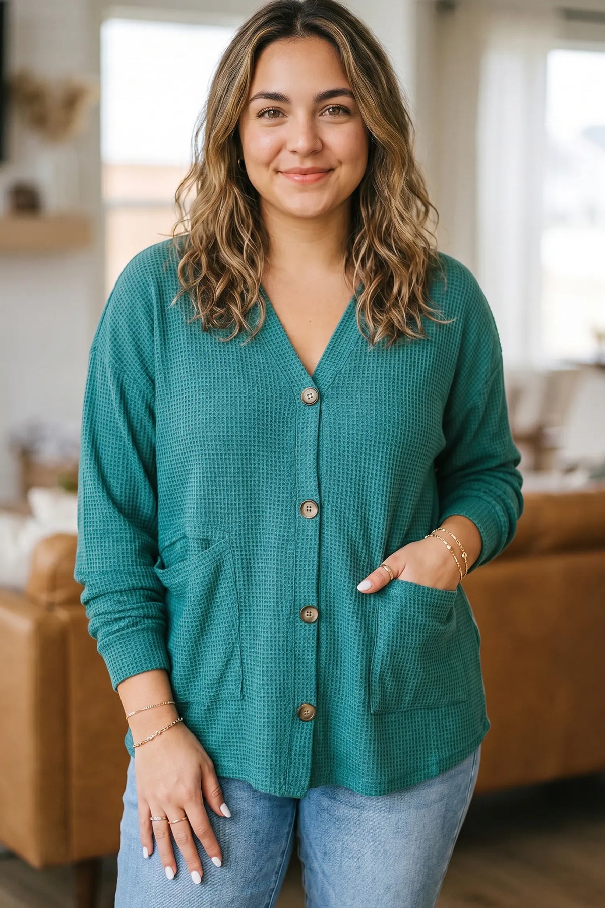 V Neck Waffle Textured Button Front Tunic Long Sleeve Plus Size Cardigan – Lapis