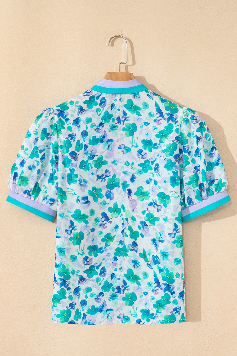 Floral Print Striped Trim Split V-Neck Puff Short Sleeve Blouse eAura