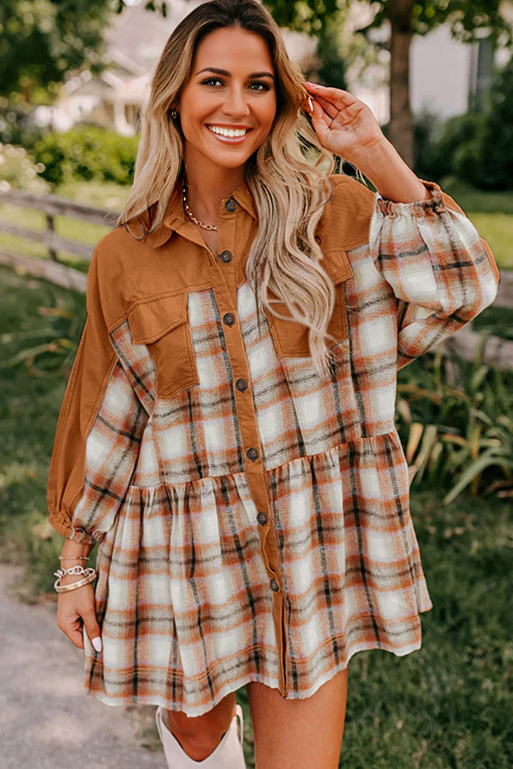 Plaid Colour Block Patchwork Ruffle Hem Tunic Shirt Dress - Dresses/Mini Dresses