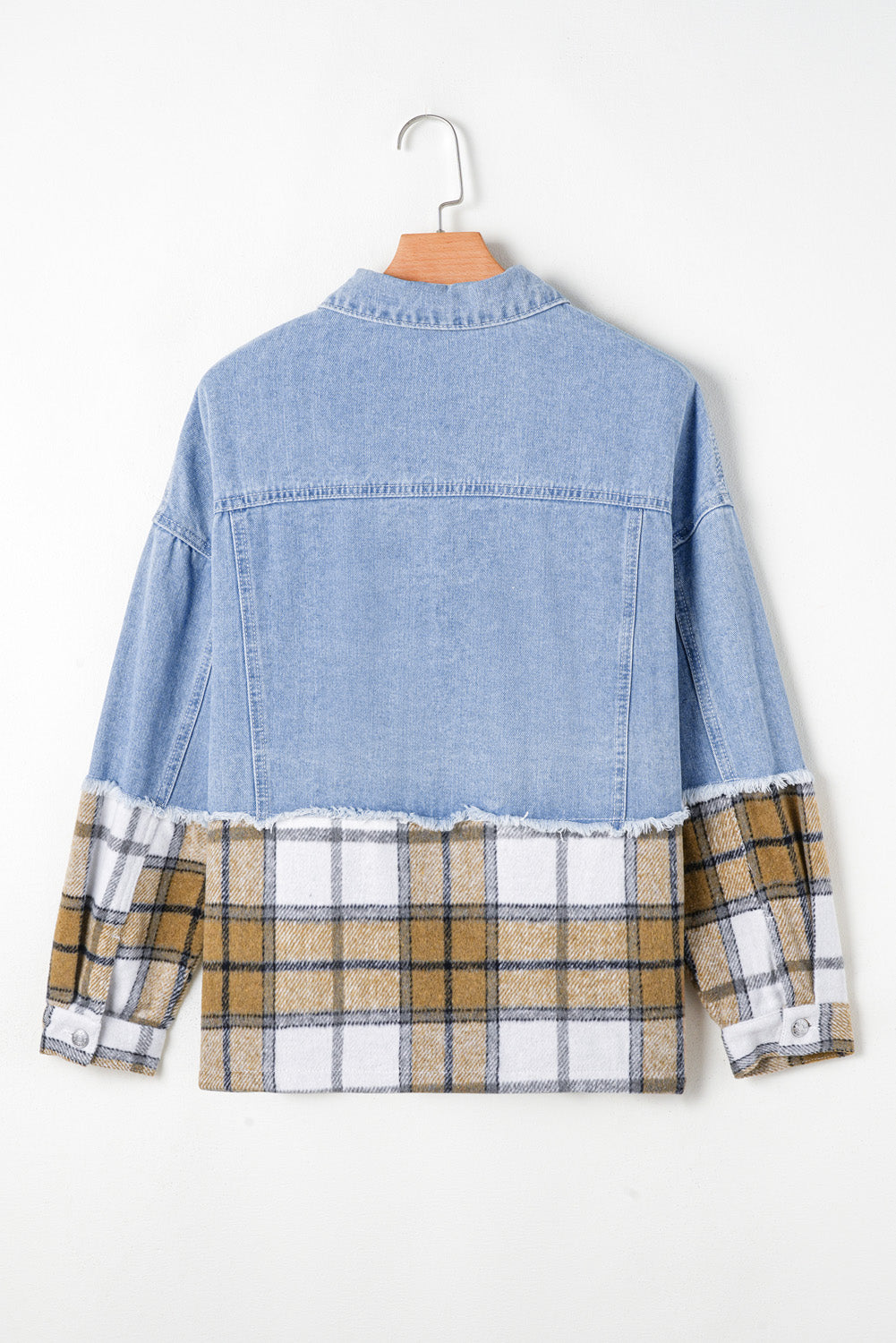 Khaki Plaid Patchwork Buttoned Oversized Denim Jacket eAura