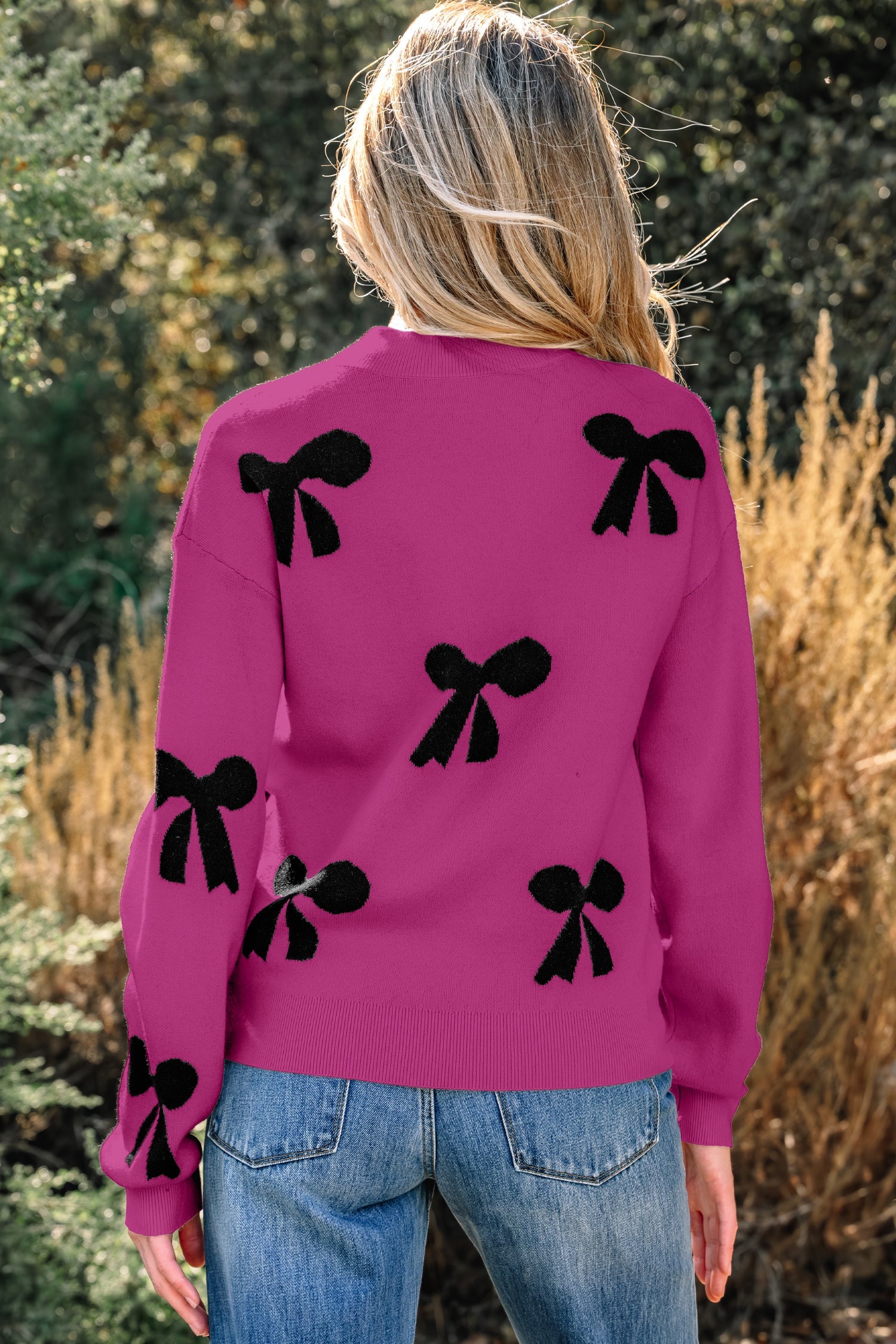 Pearl Embellished Bow Pattern Loose Sweater - Sweaters & Cardigans/Sweaters
