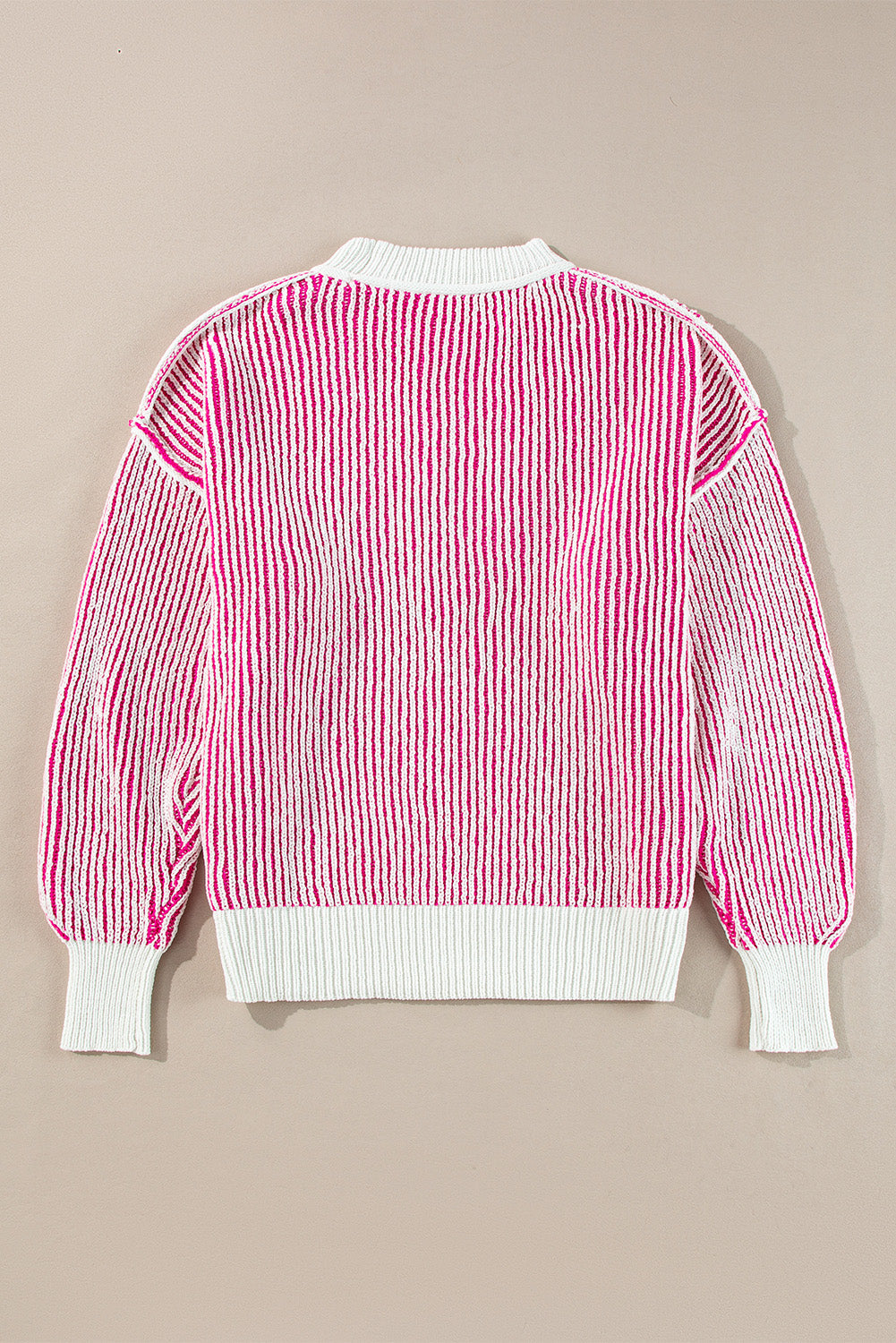 Bright Pink Striped Textured Knit Contrast Edge Loose Sweater eAura