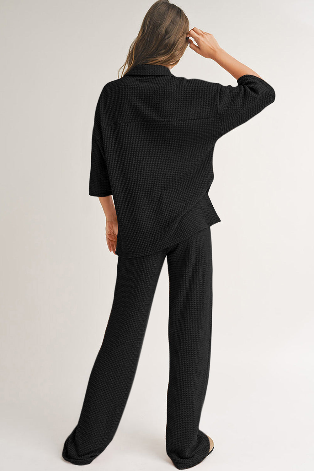 Black Solid Colour Textured Buttoned Shirt and Casual Trousers Set eAura